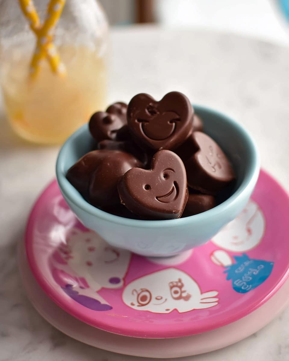 A light blue bowl filled with dark brown chocolates shaped like a heart, a round smiling face with one eye winking, and other small shapes stacked on top of each other. The bowl sits on a white plate decorated with colorful patterns in pink, blue, and green. In the background, a glass bottle of milk with a yellow straw is slightly out of focus, placed on a white marbled surface. The overall scene is bright and simple with soft lighting. photo taken with an iphone --ar 4:5 --v 7
