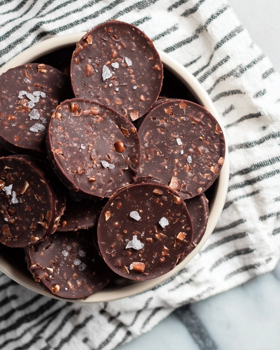 A bowl filled with several round chocolate discs, each about one layer thick with a rough texture. The chocolates are dark brown and have small pieces of nuts or toffee embedded in them, giving a crunchy look. A few pieces of salt crystals are scattered on the surface of the chocolates. The bowl is white, sitting on a white marbled surface with a white cloth that has black stripes underneath it. Photo taken with an iphone --ar 4:5 --v 7
