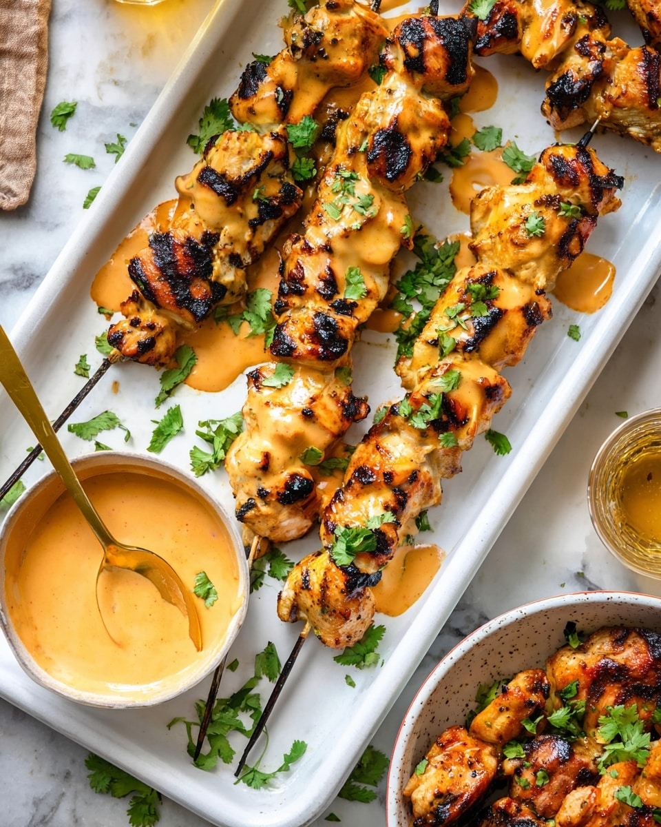 The image shows two white rectangular trays with grilled chicken skewers covered in a creamy orange sauce. Each skewer has multiple pieces of chicken, grilled to a golden brown with charred black spots, and garnished with chopped green cilantro leaves. Next to the trays, there is a small bowl filled with more of the creamy sauce, with a gold spoon resting inside. Some sauce drips and fresh cilantro are scattered around the trays on a white marbled surface. Partial views of another white bowl with grilled chicken pieces and a small glass of golden sauce are also visible. photo taken with an iphone --ar 4:5 --v 7