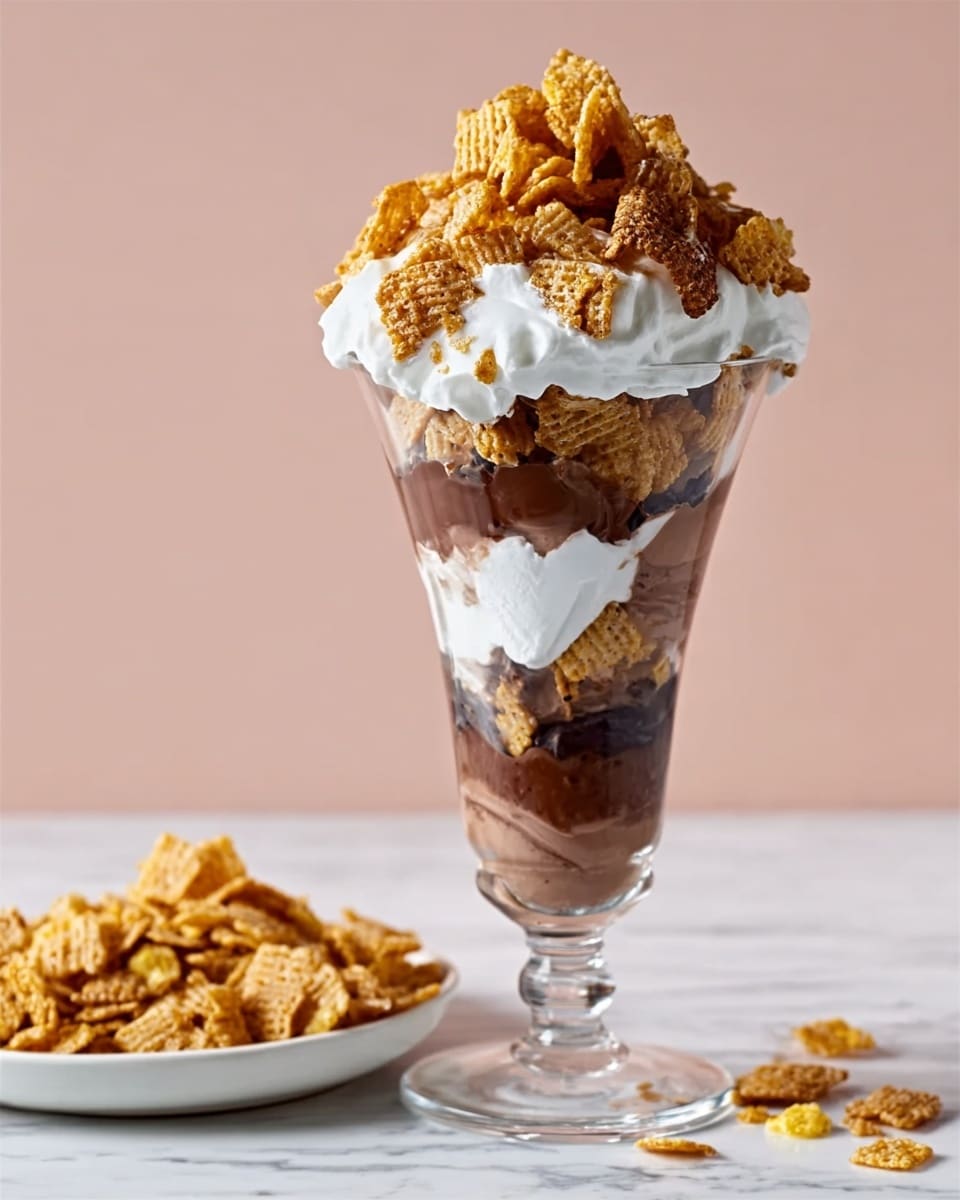 A tall clear glass filled with three main layers: the bottom layer is rich dark chocolate sauce, the middle layer is thick white vanilla ice cream, and the top layer is a mix of crunchy brown granola and more vanilla ice cream. On top, there is a big swirl of white whipped cream dripping with dark chocolate sauce. Three bright red raspberries are placed on the whipped cream, with a striped red and white straw sticking out from the side. The glass sits on a white marbled surface with three fresh raspberries lying nearby. Photo taken with an iphone --ar 4:5 --v 7
