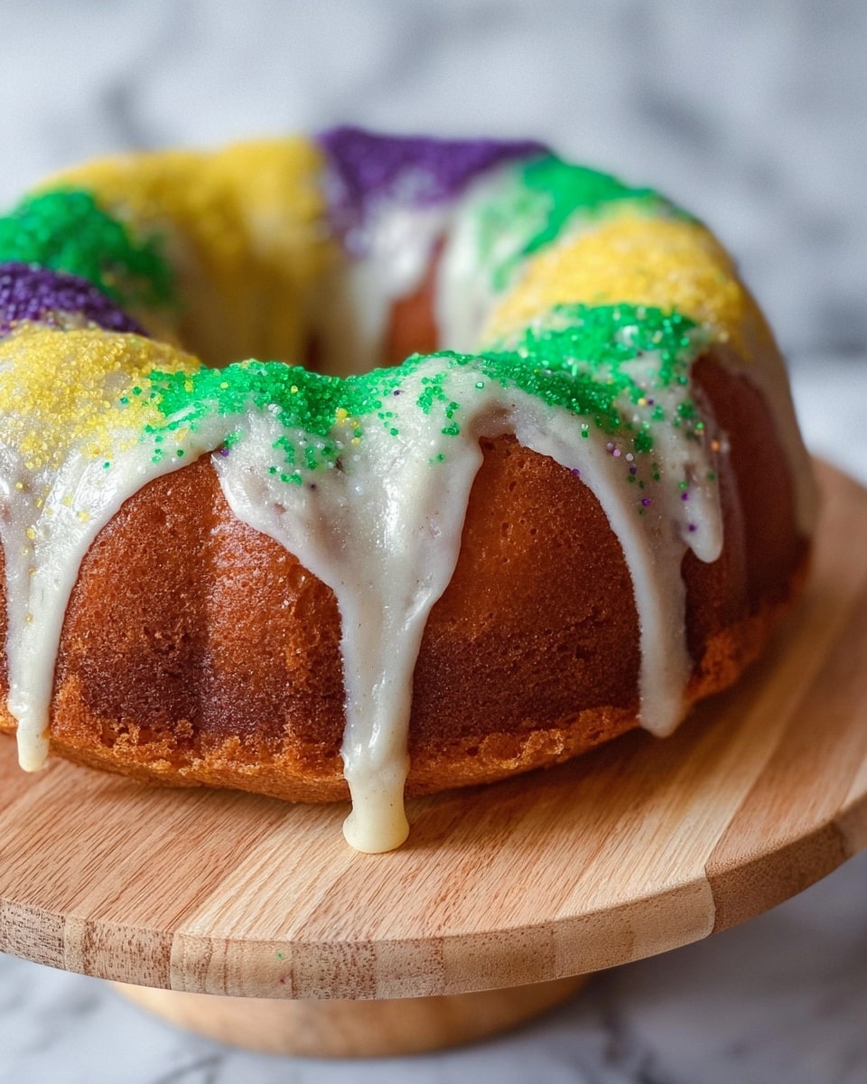 A close-up image of a sliced bundt cake with a light brown, soft crumb inside. The cake has a white icing drip on the outside and is topped with bright green sugar crystals. In the background, there are parts of other slices with purple and yellow toppings, all on a white marbled surface. The texture of the cake looks moist and spongy, and the focus is on the green-topped slice. photo taken with an iphone --ar 4:5 --v 7
