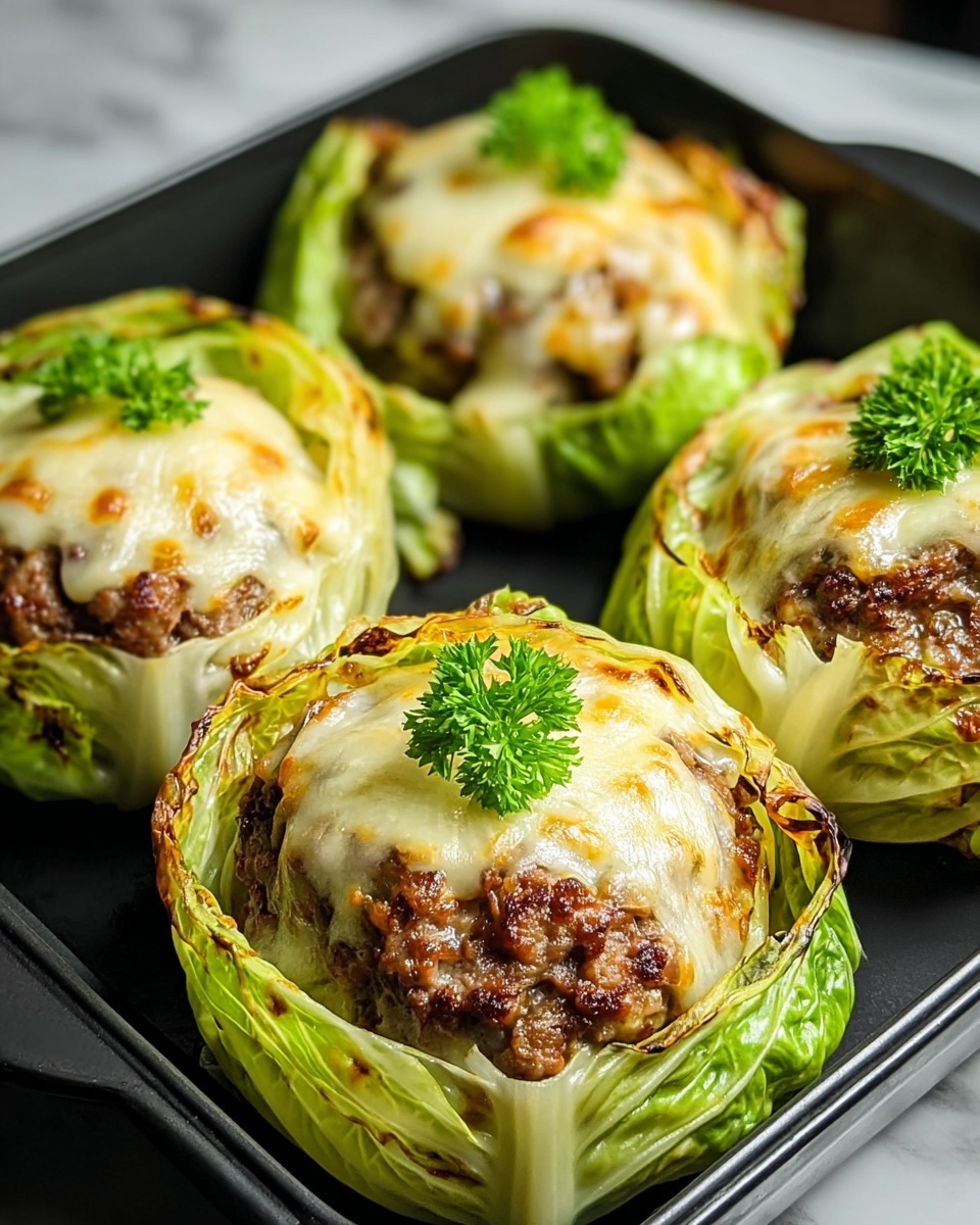 The image shows four stuffed cabbage leaves arranged closely on a black tray. Each cabbage leaf forms a green, slightly crispy bowl with browned, cooked edges that cradle a thick, browned ground meat patty. The meat patties are topped with melted, slightly golden cheese that drapes over the sides, creating a gooey, creamy texture. A small sprig of fresh green parsley is placed on top of each cheese-covered patty, adding a fresh pop of color. The tray rests on a white marbled surface, enhancing the colors of the food. photo taken with an iphone --ar 4:5 --v 7