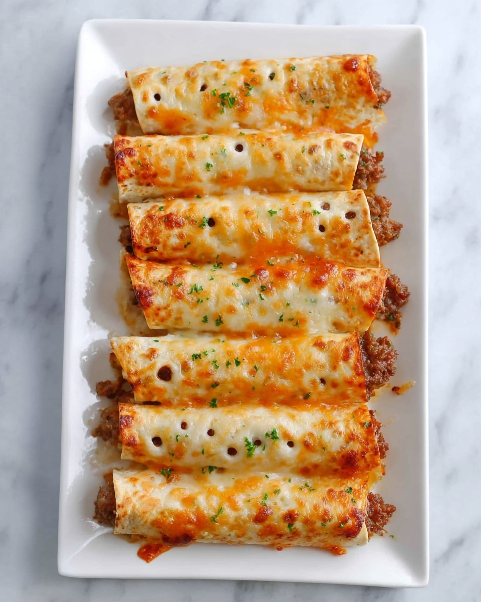 Four rolled tacos are placed side by side on a white rectangular plate over a white marbled surface. Each taco has a crispy, golden-brown layer on the outside with some darker toasted spots, showing a slightly textured surface. The ends reveal a filling of cooked ground meat, visible at both tips with bits spilling out. There are tiny flecks of green garnish sprinkled lightly on the cheese-coated shells. The tacos look crunchy on the outside and juicy with a rich filling on the inside. Photo taken with an iphone --ar 4:5 --v 7