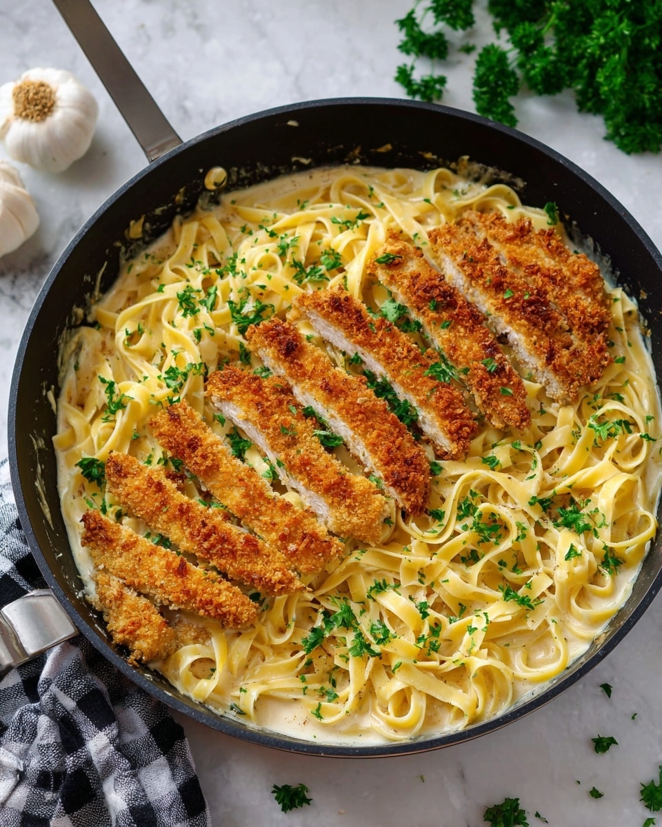 A black frying pan holds creamy fettuccine pasta as the base layer, light yellow in color with a smooth texture, filling the pan evenly. On top, sliced golden brown breaded chicken pieces are arranged in a neat row across the pasta. Bright green chopped parsley is scattered over the dish, adding color contrast. The pan sits on a white marbled surface with fresh parsley sprigs nearby and a garlic bulb and checkered cloth blurred in the background. Photo taken with an iphone --ar 4:5 --v 7
