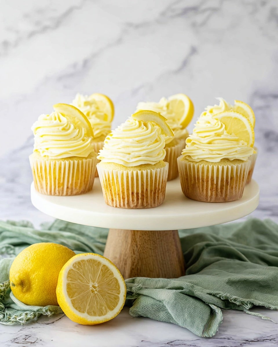 The image shows a close-up of a yellow cupcake with a bite taken out, revealing a soft and moist crumb inside. It has one main layer of cake topped with a thick swirl of creamy white frosting that looks smooth and fluffy. On top of the frosting, there is a thin, bright yellow slice of lemon placed upright. The cupcake is on a peeled back white paper liner, sitting on a white plate against a white marbled background. In the background, similar cupcakes with white frosting and lemon slices are slightly out of focus. Photo taken with an iphone --ar 4:5 --v 7