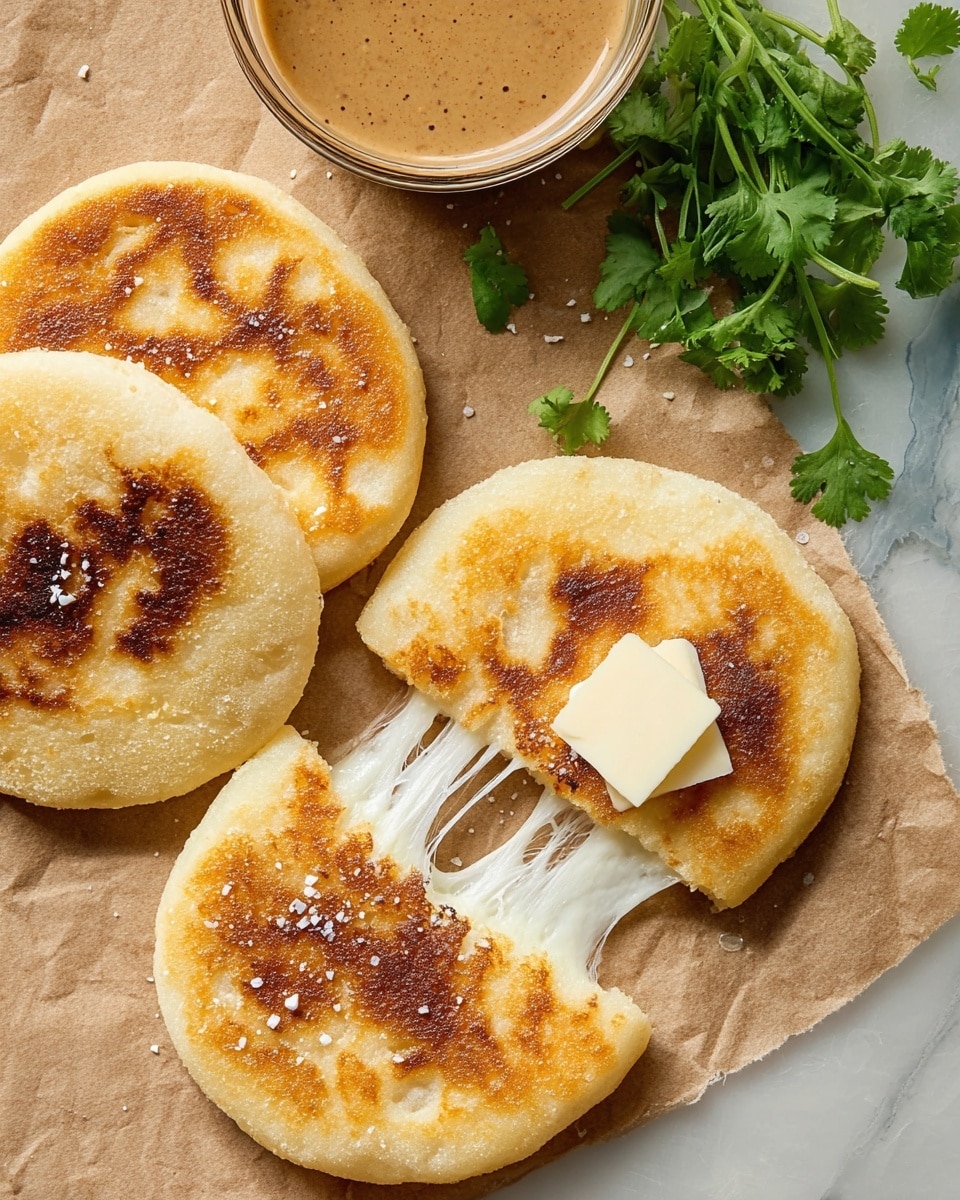 The image shows three round, golden-brown arepas on a piece of brown parchment paper, placed on a white marbled surface. One arepa is broken in half, revealing gooey, melted white cheese stretching between the two halves. A small piece of soft, white butter sits on top of the broken arepa. To the upper left, there is a bunch of fresh green cilantro and a transparent glass bowl filled with a creamy, brown sauce. The arepas have a slightly crispy, textured surface with flakes of coarse salt sprinkled over them. photo taken with an iphone --ar 4:5 --v 7