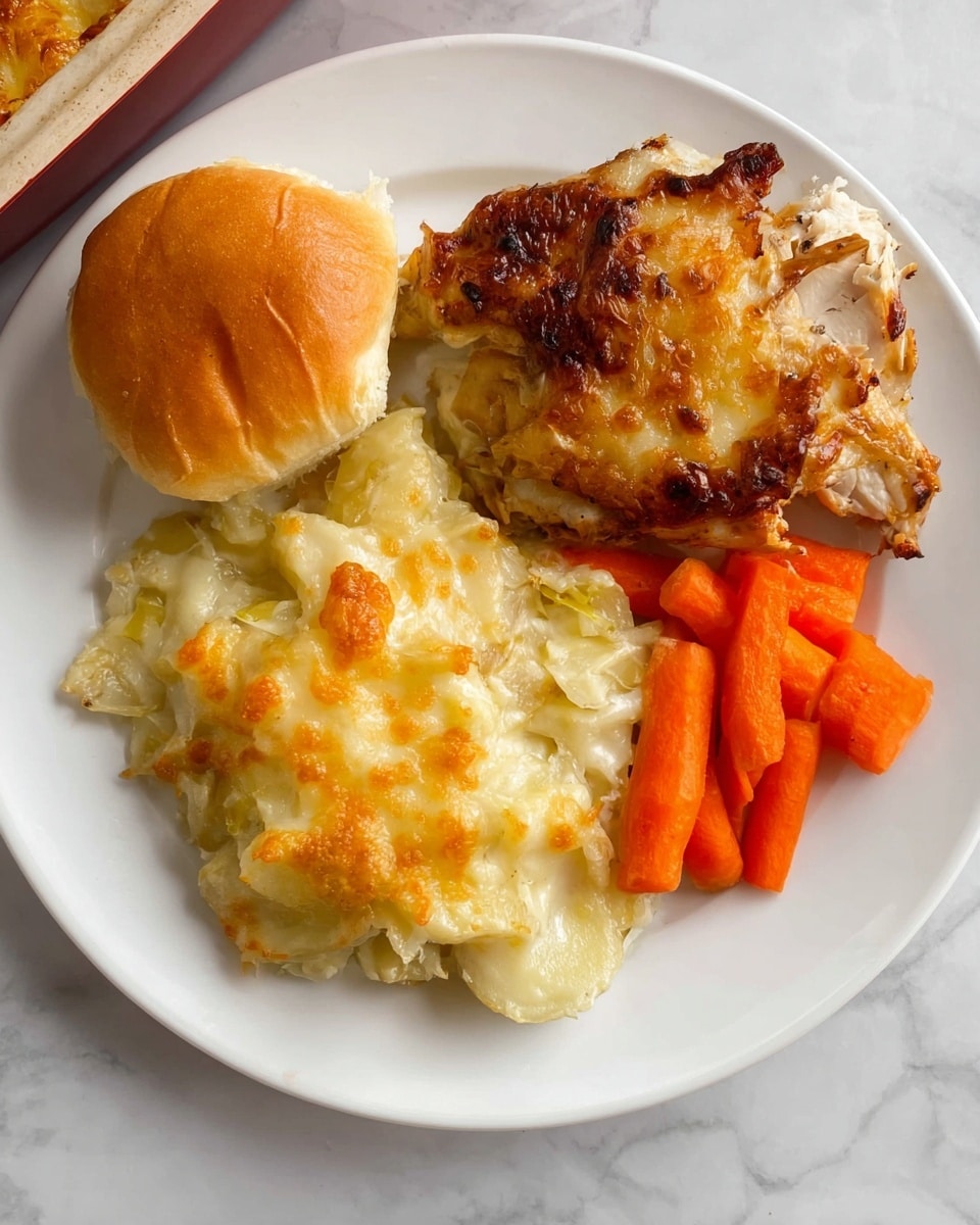 The image shows a table with a white marbled texture background covered by a red and white checkered cloth. In the front center, there is a white rectangular baking dish filled with a golden brown baked cheesy casserole, with a slightly crispy top layer. Behind it, there is a white bowl holding bright orange crinkle-cut carrot slices. To the left, a white octagonal plate contains two cubes of butter. Towards the back, two golden brown rolls are placed on a white dish. On the right edge, a white plate with red stripes holds grilled chicken pieces that have a dark seared look with visible spices. photo taken with an iphone --ar 4:5 --v 7
