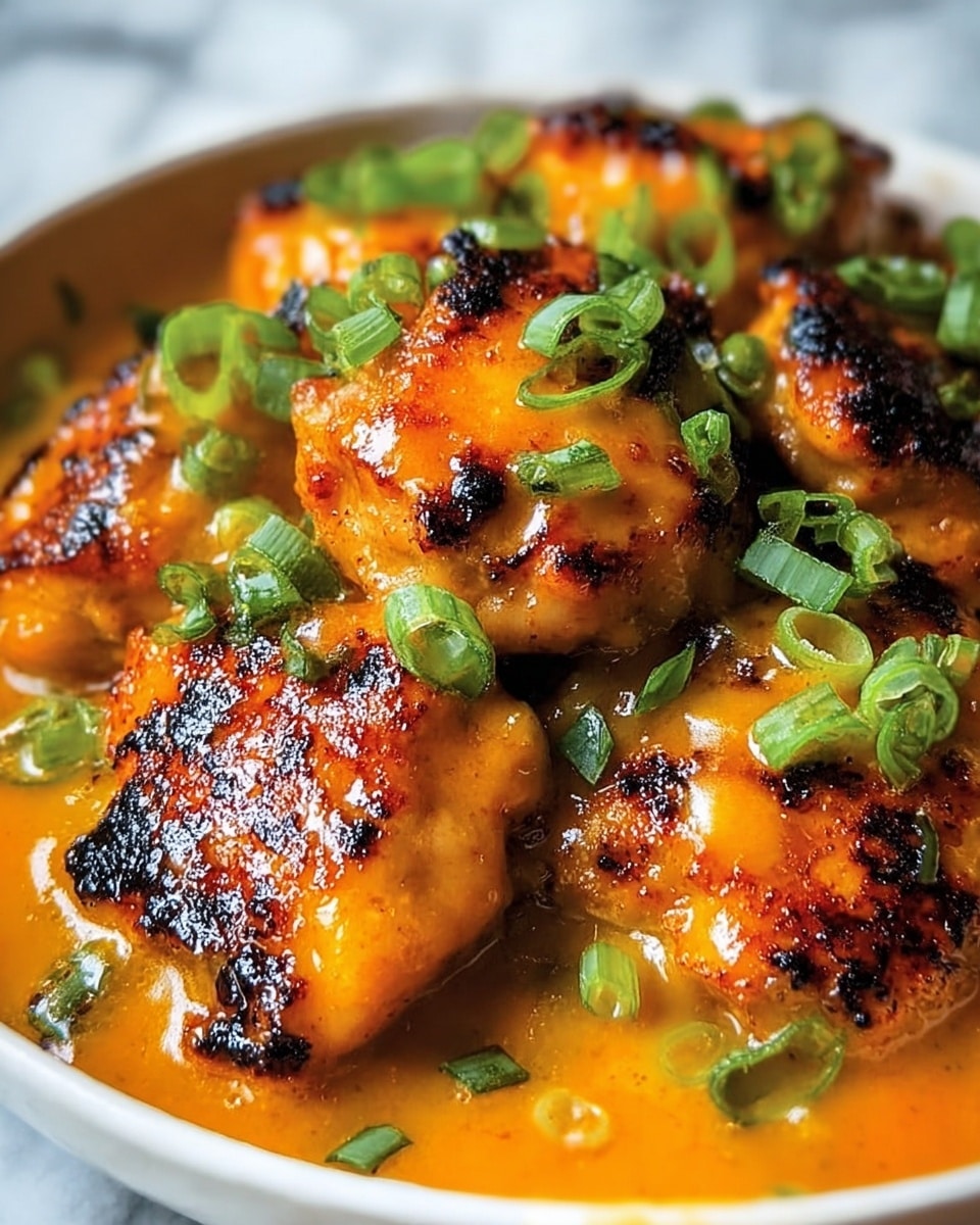 The image shows round chicken pieces with a golden-brown grilled surface, covered in a creamy orange sauce. The pieces are topped with small chopped green onions, adding a fresh green color contrast. The sauce looks smooth and thick, pooling slightly beneath the chicken. The image focuses closely on the food showing the texture of the grilled chicken and the sauce details. The dish sits on a surface with a white marbled texture. photo taken with an iphone --ar 4:5 --v 7