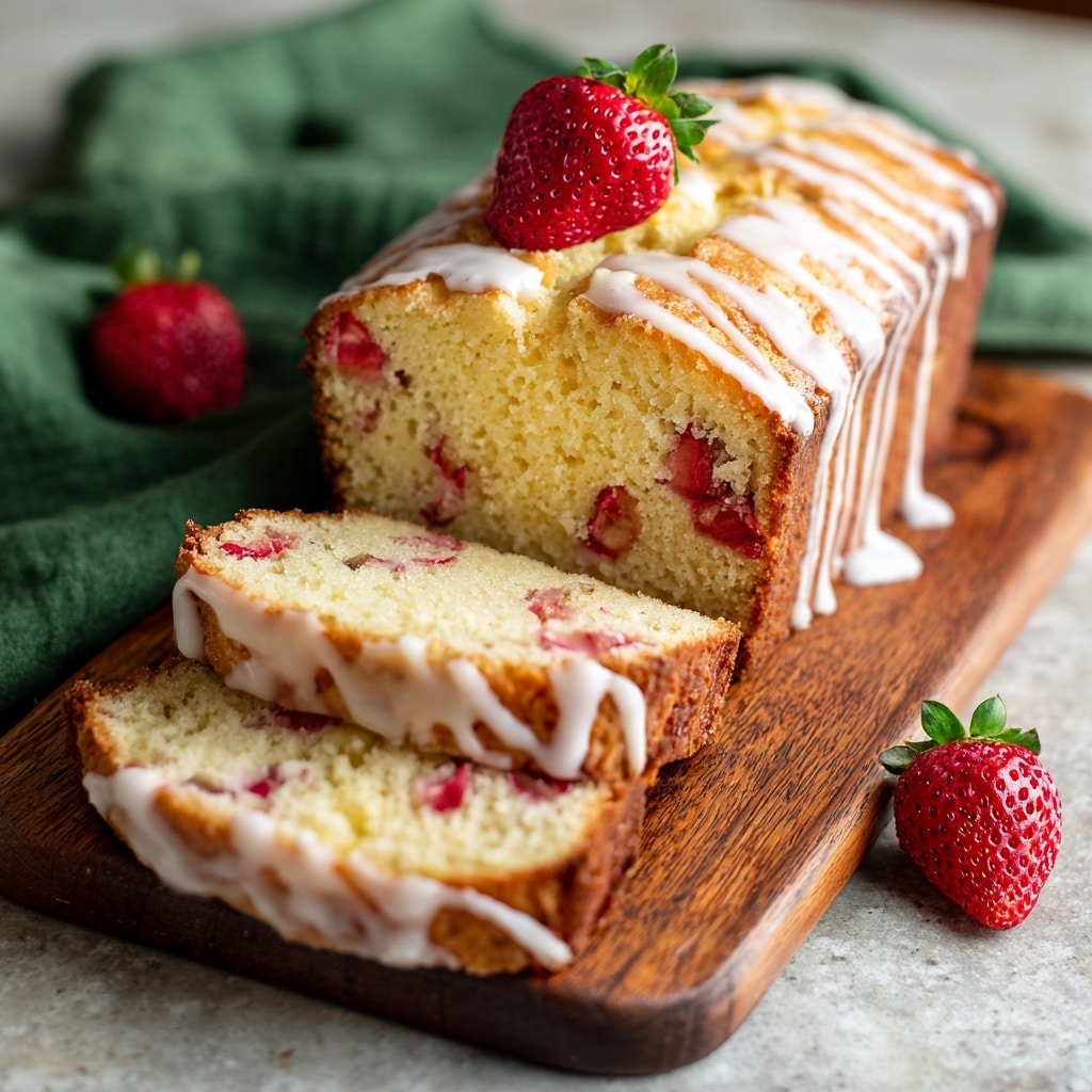 A loaf cake is sliced open showing its soft, light golden brown texture with many small pieces of red strawberries inside. The top has a thin layer of white glaze dripping slightly down the front. The cake sits on a wooden board with a few strawberry pieces around it, and the background has a blurred bowl of strawberries on a white marbled surface. photo taken with an iphone --ar 4:5 --v 7