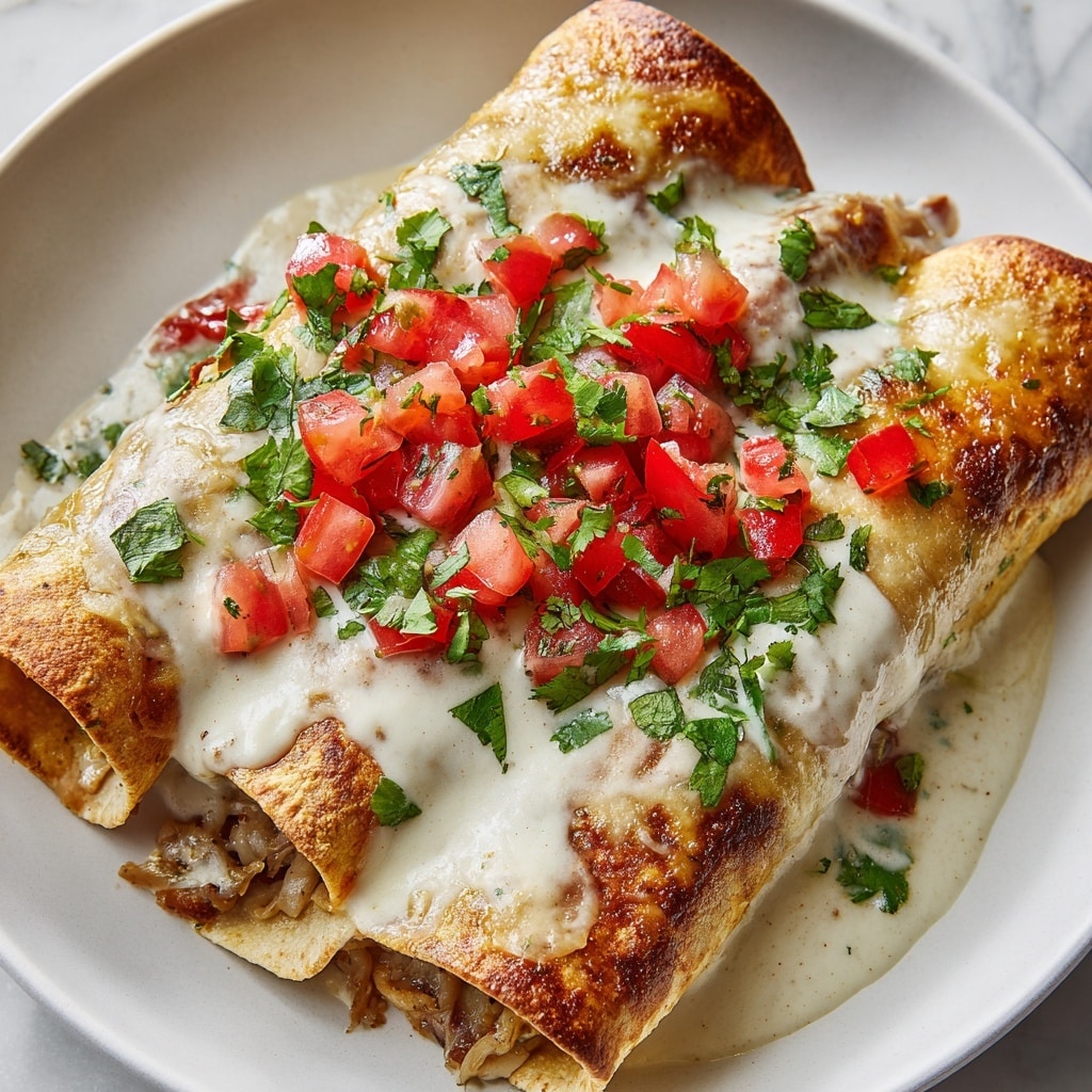A close-up view of two rolled enchiladas placed side by side on a white plate over a white marbled texture surface, with the enchilada tortillas golden brown and slightly crisp on the edges. The top layer shows a creamy white sauce generously poured over the enchiladas, partially melting into the crevices. On top of the sauce, there are fresh red diced tomatoes and chopped green cilantro leaves sprinkled evenly, adding a pop of color. The filling inside the enchiladas appears to be light, creamy, and slightly textured, seen from the open end. Photo taken with an iphone --ar 4:5 --v 7