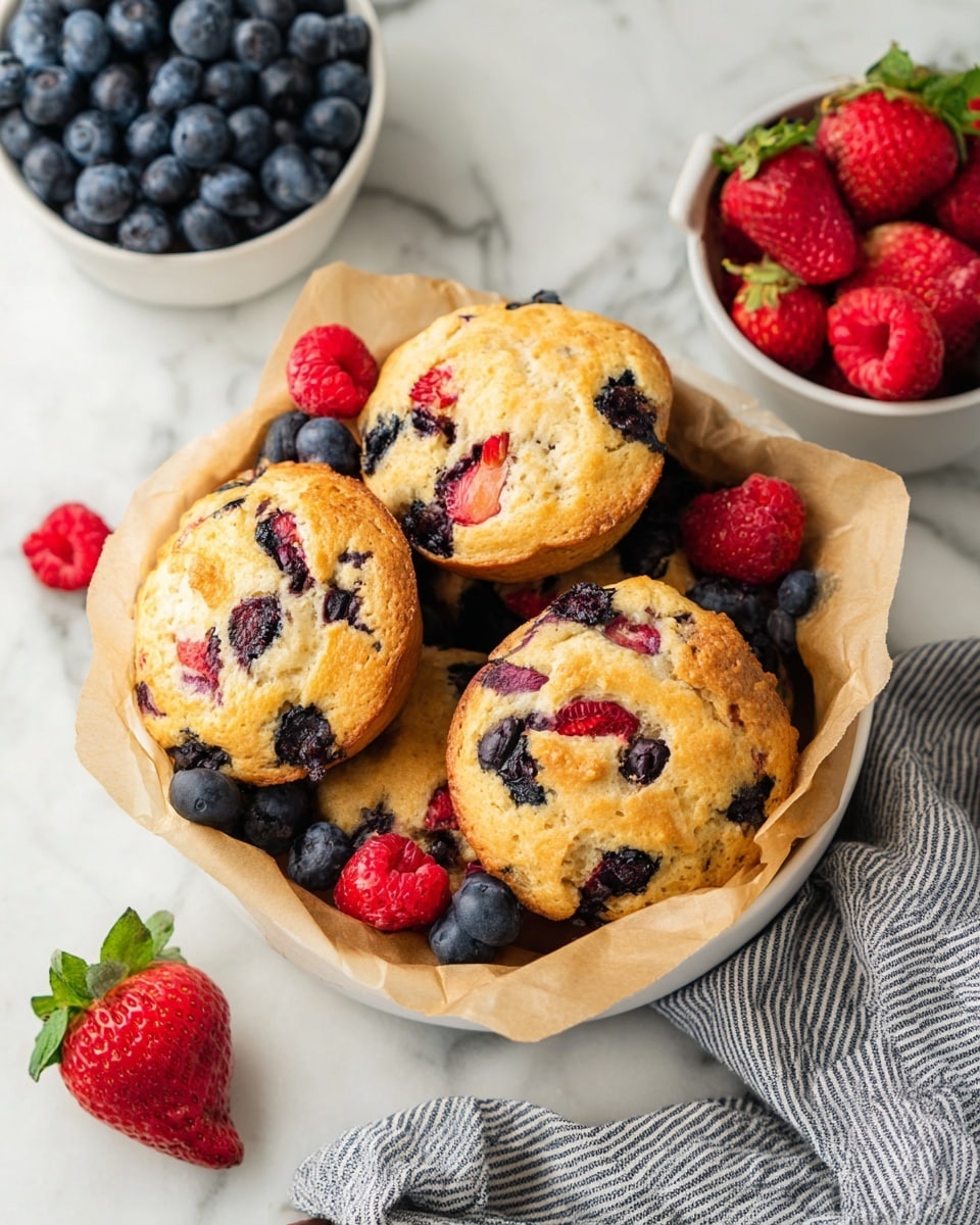 A round white bowl lined with crumpled light brown parchment paper holds five golden-brown muffins studded with visible blueberries and small pieces of red strawberries. The muffins have a textured surface showing melted berries that add dark purple and deep red spots. On the side inside the bowl, there is a small white dish filled with fresh dark blue blueberries and a few bright red raspberries scattered around the muffins. Two large, fresh strawberries with green leaves rest on the right side of the bowl. The bowl is placed on a white marbled surface with a gray and white striped cloth partially visible at the bottom left corner. photo taken with an iphone --ar 4:5 --v 7