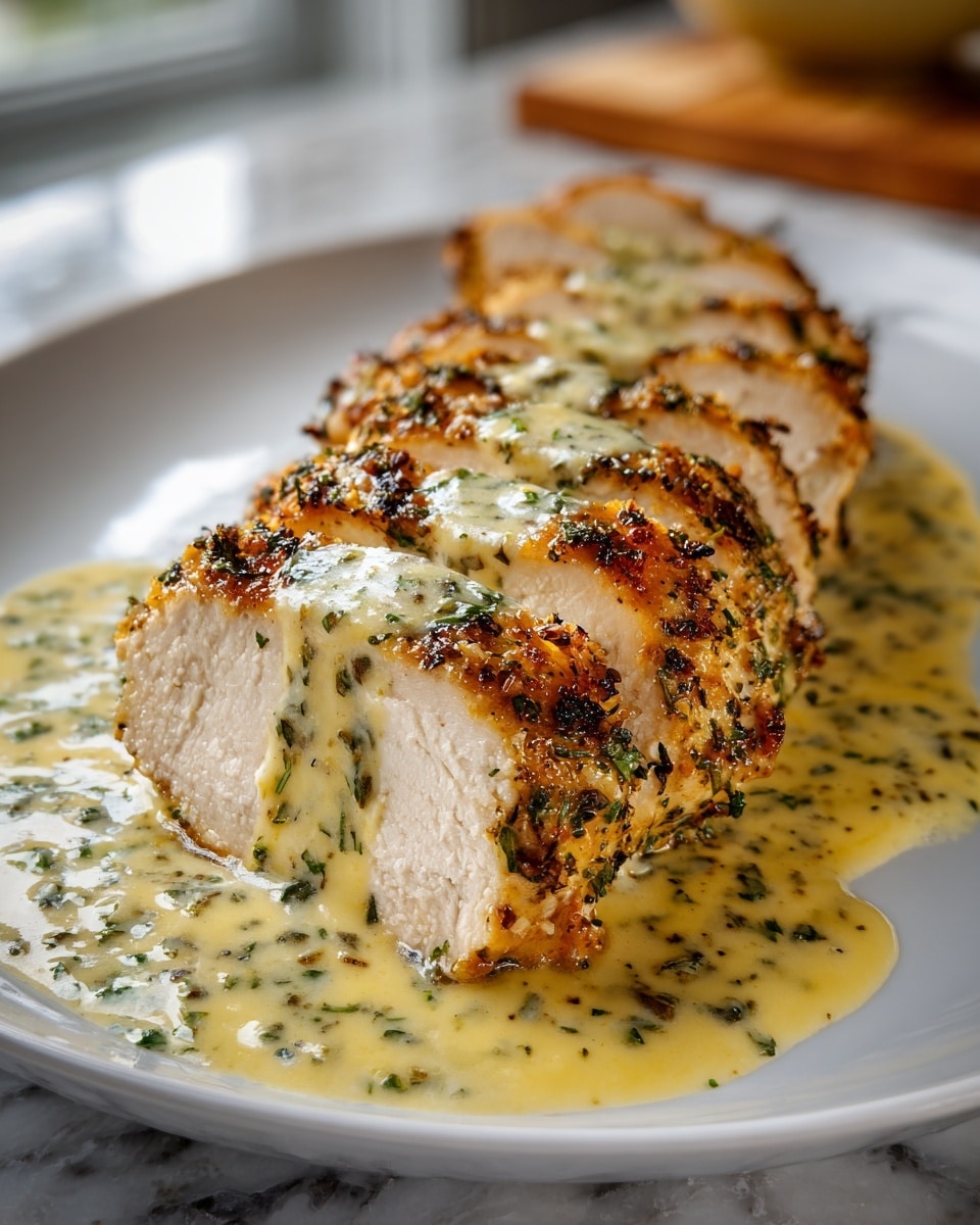 A sliced, golden-brown cooked chicken breast lies in the center of a large white plate, each slice showing tender, juicy white meat with a slightly charred herb crust on top. The chicken is covered in a creamy, pale yellow sauce with green herb flecks that pools generously around the base of the chicken, creating a flavorful looking bed. The sauce’s smooth texture contrasts with the crisp outer layer of the chicken, giving it a rich and inviting appearance. The plate sits on a white marbled surface, with a softly blurred background that hints at a kitchen setting. Photo taken with an iphone --ar 4:5 --v 7