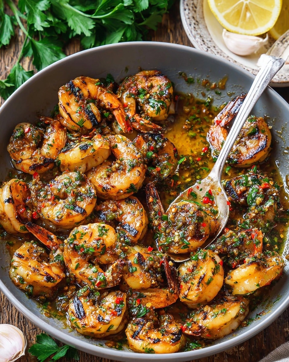 A gray bowl filled with about 25 grilled shrimp coated in a shiny, golden-brown herb sauce, garnished with small bits of bright green parsley and thin red chili flakes. The shrimp have charred black grill marks and a slightly crispy texture. A silver spoon rests inside the bowl, partially submerged in the glossy sauce. The bowl is set on a wooden surface with some fresh green parsley leaves scattered in the background and a white marbled textured surface nearby with lemon wedges and garlic cloves on a white dish. photo taken with an iphone --ar 4:5 --v 7