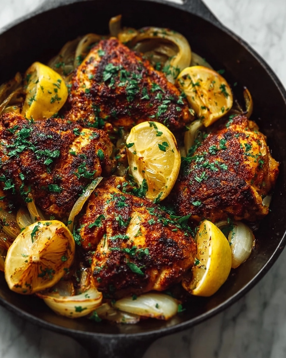 The image shows a black cast iron pan filled with five pieces of cooked chicken, each with a crispy, browned, and spiced outer layer. The chicken pieces are topped with finely chopped green herbs. Between and around the chicken, there are light golden, caramelized onion wedges and bright, fresh lemon slices with visible seeds. The colors include deep golden brown, yellow from the lemon, and green from the herbs, all contrasting with the black pan. The scene looks warm and inviting against a white marbled surface. photo taken with an iphone --ar 4:5 --v 7