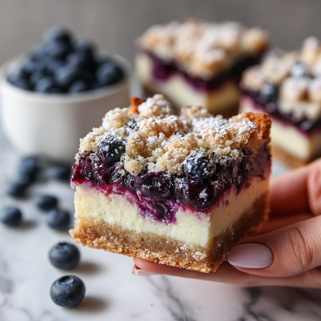 The image shows four square pieces of a dessert bar on a light brown surface, with a rich crumbly texture. Each piece has three distinct layers: the bottom layer is a golden brown, dense crust; the middle layer is creamy white with a smooth texture; the top layer has a mix of dark purple blueberries and uneven clusters of a pale crumbly topping, dusted with powdered sugar, adding a soft, fine white coating. The dessert bars appear moist and inviting, with the crumble topping slightly raised and uneven on each piece, and some blueberry juices seeping into the cream layer. photo taken with an iphone --ar 4:5 --v 7