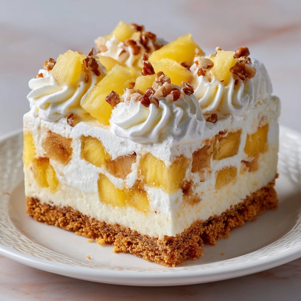 The image shows a layered pineapple dessert served on a white plate with a rim pattern. The bottom layer is a crumbly golden-brown base, looking like crushed cookies or graham crackers. Above this is a thick white creamy layer, smooth and even. The next layer consists of large chunks of yellow pineapple embedded in more white cream. On top, there are decorative swirls of whipped cream, each topped with small pieces of pineapple and brown nut bits for texture. The dessert looks rich and fresh, set against a white marbled surface in soft warm light. Photo taken with an iphone --ar 4:5 --v 7