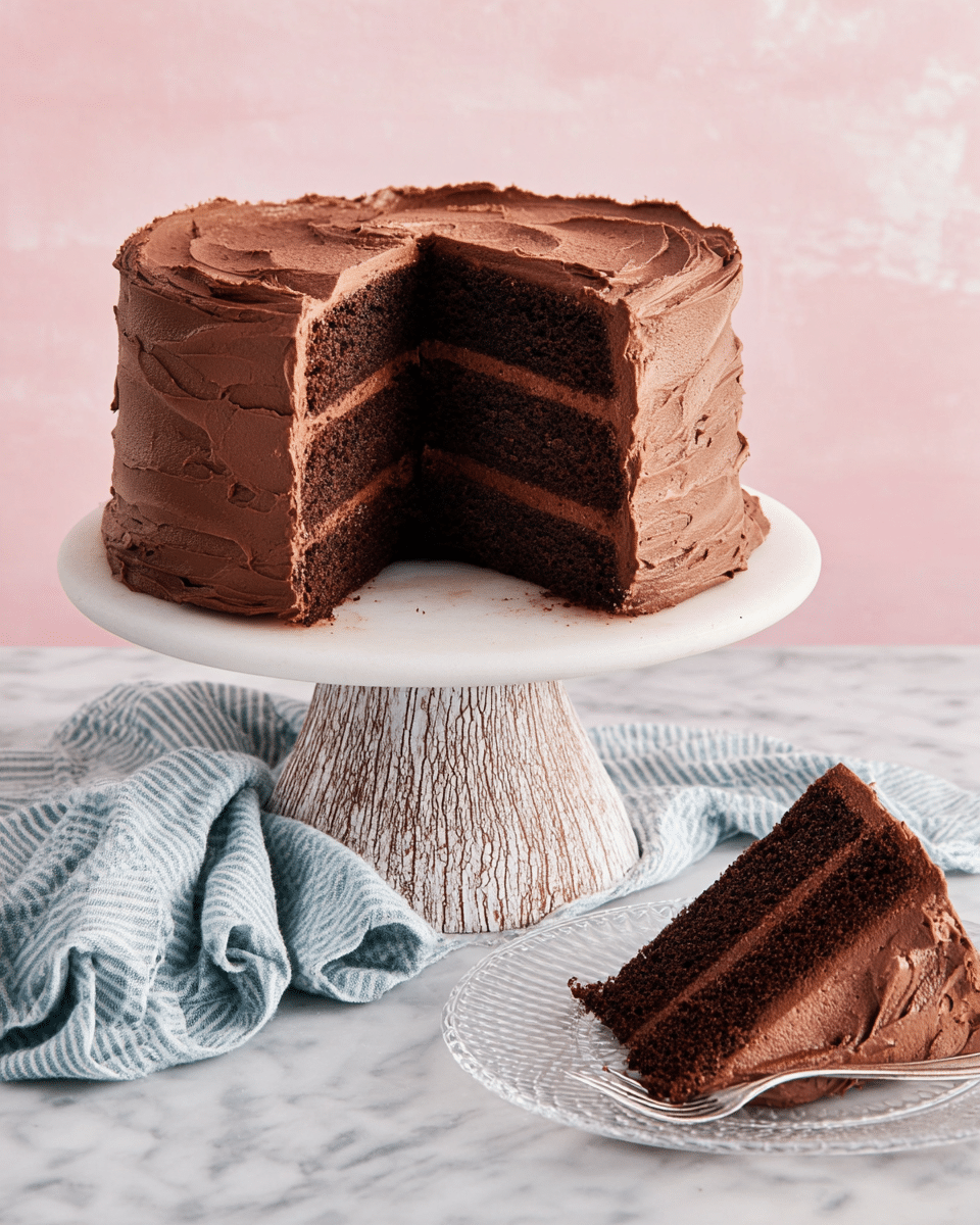A four-layer chocolate cake with thick, smooth chocolate frosting covers the entire cake, sitting on a white cake stand with a textured base that looks like bark. One large slice is missing, showing four moist, dark brown cake layers separated by three even layers of lighter brown frosted filling. To the right of the cake, a slice with the same four-layer structure sits on a clear glass plate next to a silver fork. The scene is set on a white marbled surface with a folded blue and white striped cloth in front of the cake stand and a soft pink background behind. Photo taken with an iphone --ar 4:5 --v 7
