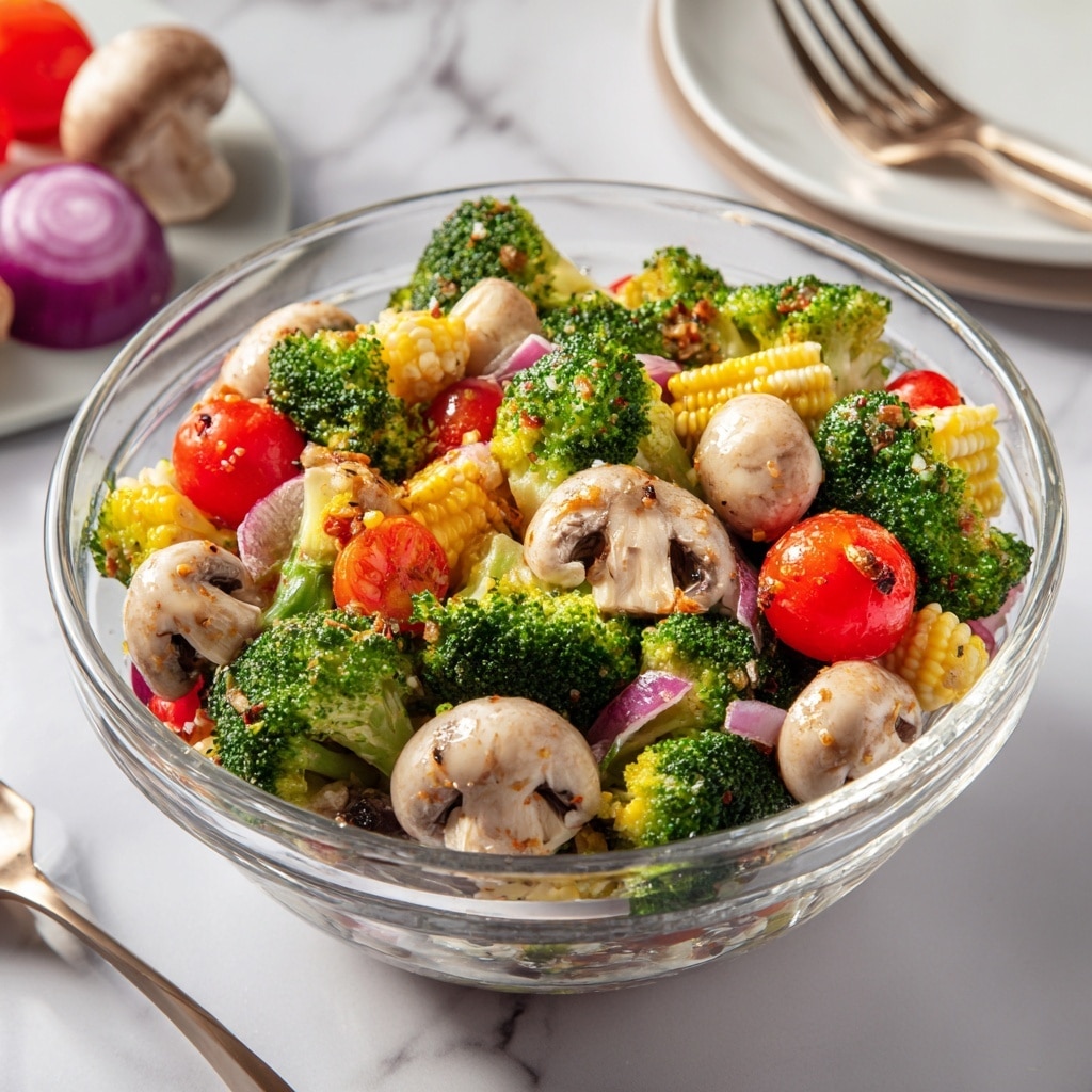 A clear glass bowl is filled with a colorful mix of vegetables, including bright green broccoli florets, pale yellow baby corn pieces, whole white mushrooms, and small red and orange cherry tomatoes. The textures vary from smooth mushrooms to the bumpy surface of the broccoli and baby corn. Some thin slices of purple onion are scattered throughout, adding a touch of color contrast. The bowl sits on a white marbled surface with a stack of white plates and a fork slightly blurred in the background. photo taken with an iphone --ar 4:5 --v 7