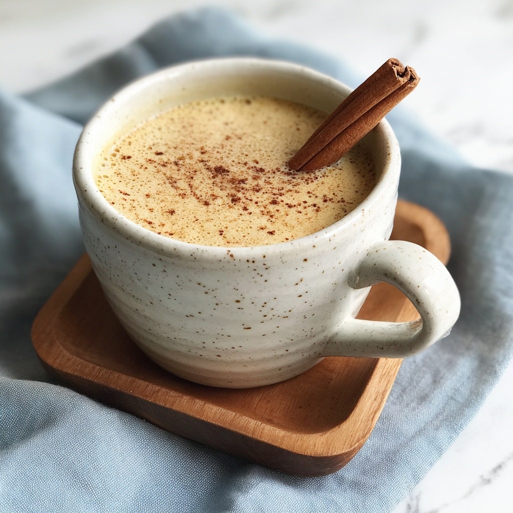 A close-up of a creamy light brown drink filling a white speckled cup with a round handle, topped with a single cinnamon stick resting on the surface. The cup sits on a small wooden tray placed on a soft blue cloth, all set against a white marbled texture background. photo taken with an iphone --ar 4:5 --v 7