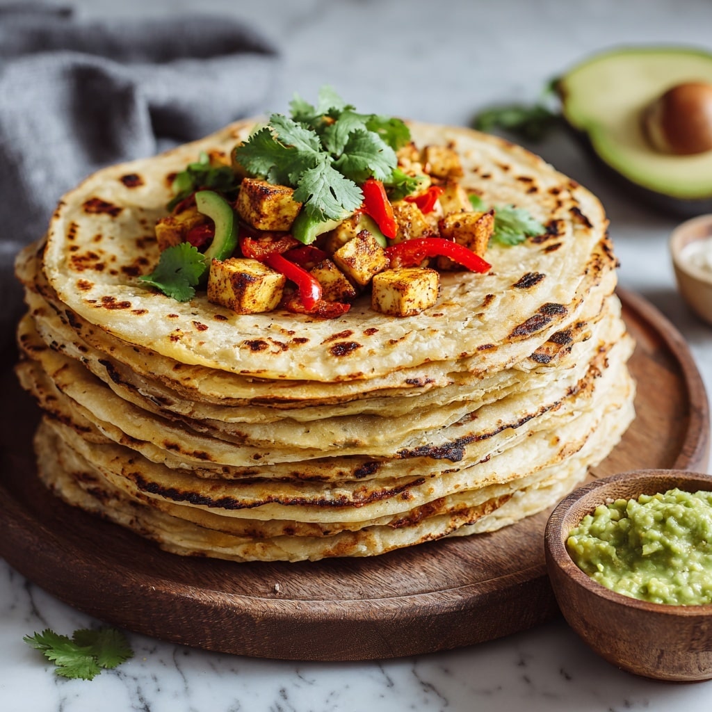 A tall stack of golden-brown tortillas with slight charred spots sits on a white marbled surface, each tortilla soft and slightly uneven in layer thickness. The stack has about 10 thin tortillas, with the second tortilla from the bottom folded open to show colorful filling made of grilled white tofu cubes, bright green sliced avocado, and small red bell pepper pieces, all garnished with fresh green cilantro leaves. A wooden bowl filled with creamy green guacamole sits to the right, and a halved avocado is blurred in the background. The scene is bright and fresh, with natural lighting highlighting the textures and colors. Photo taken with an iphone --ar 4:5 --v 7