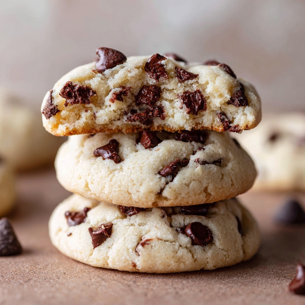 The image shows a stack of three soft white cookies with chocolate chips on a white marbled surface. The top cookie is broken in half, revealing a dense inside layer filled with many small dark chocolate chips, while the outer layer is white and slightly wrinkled with visible chocolate pieces inside. The bottom two cookies are whole, layered one on top of the other, with the same light white color and scattered dark chocolate chips. In the blurred background, there is a white bowl filled with more cookies. Photo taken with an iphone --ar 4:5 --v 7