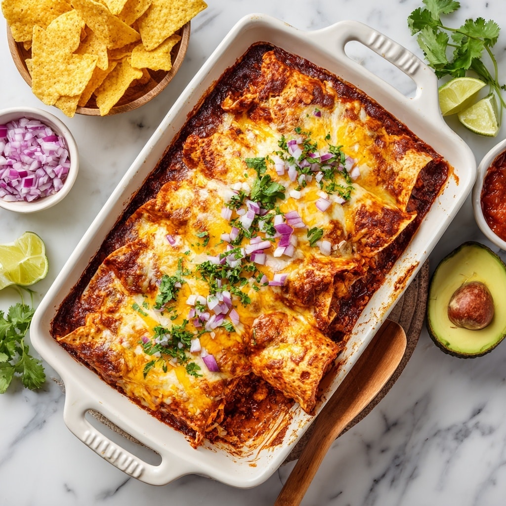 The image shows a white rectangular baking dish filled with layered enchiladas topped with melted yellow and white cheese, sprinkled with chopped red onions and fresh green cilantro leaves. The enchiladas have a rich reddish-brown sauce, and the edges are slightly browned and crispy. A wooden spoon is scooping some enchiladas from the bottom right side of the dish. Around the dish on a white marbled surface, there are lime wedges, yellow tortilla chips, fresh cilantro sprigs, a halved avocado with seed visible, and small white bowls filled with diced red onions and red salsa. photo taken with an iphone --ar 4:5 --v 7