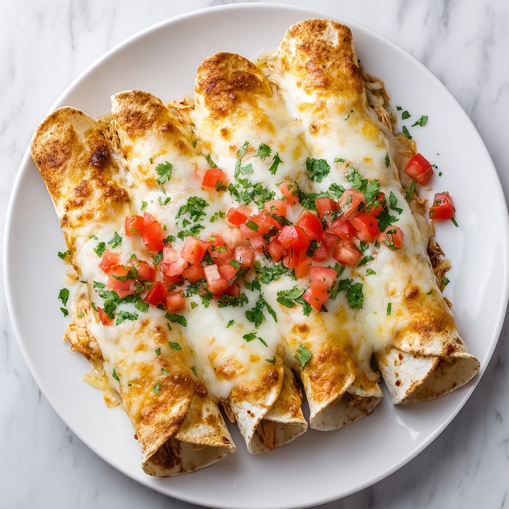 The image shows three rolled enchiladas placed side by side on a white plate, each rolled tightly with shredded chicken filling that peeks out slightly at the ends. The top layer is melted cheese with a golden brown color, creating a shiny, slightly bubbly texture. Over the cheese, there is a layer of smooth, creamy white sauce spread evenly down the center of the enchiladas. Small diced red tomatoes and chopped green cilantro leaves are scattered on top of the white sauce, adding a fresh pop of color. The plate is set on a white marbled surface. Photo taken with an iphone --ar 4:5 --v 7