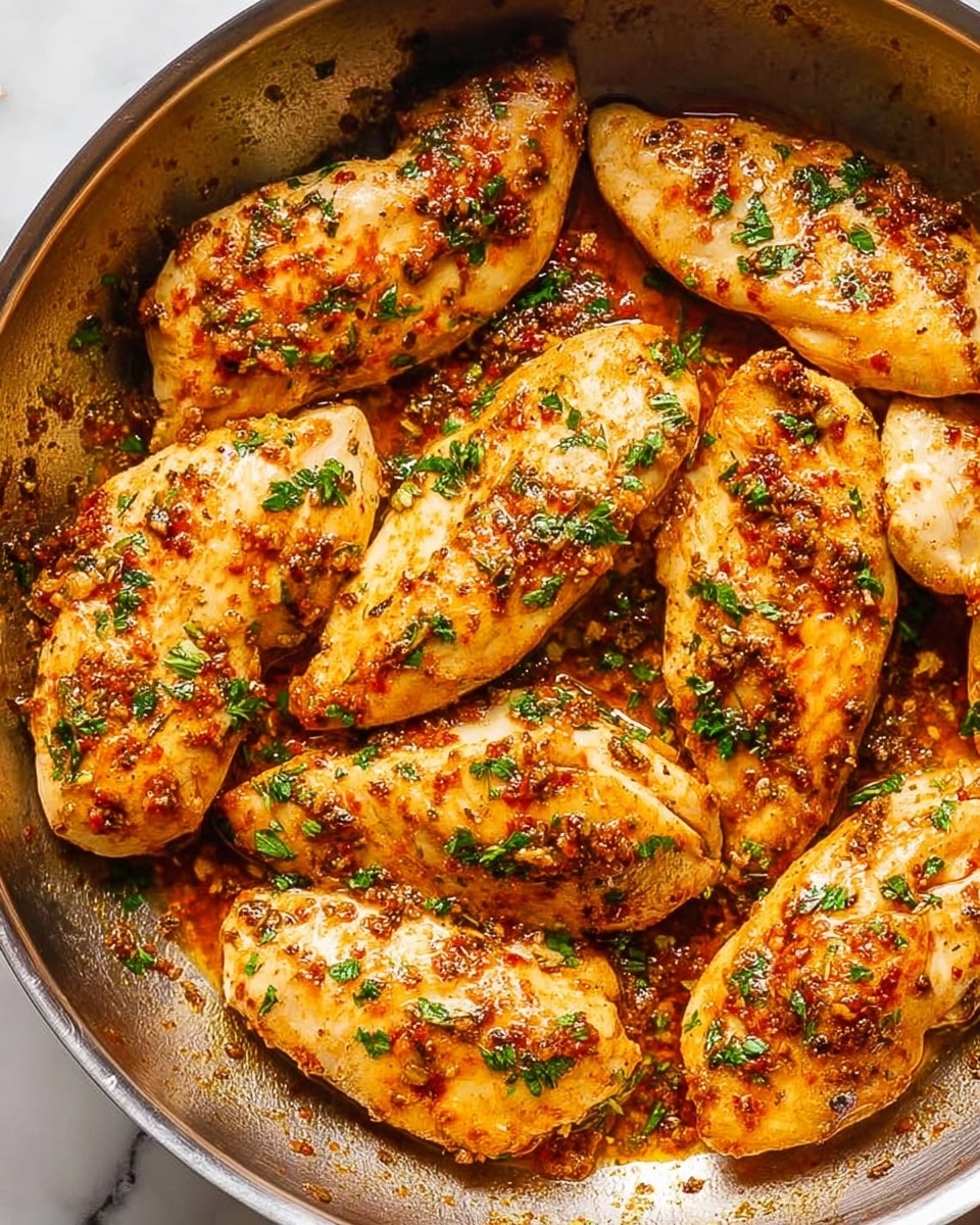 The image shows a metal pan filled with cooked chicken tenders, about fourteen pieces, each golden brown with a slight sear and sprinkled with green chopped herbs. The chicken pieces are laid out evenly, with a shiny, slightly oily reddish-brown sauce around them. The pan sits on a white marbled surface, and the chicken looks juicy and well-seasoned with a mix of herbs and spices visible on the surface. photo taken with an iphone --ar 4:5 --v 7