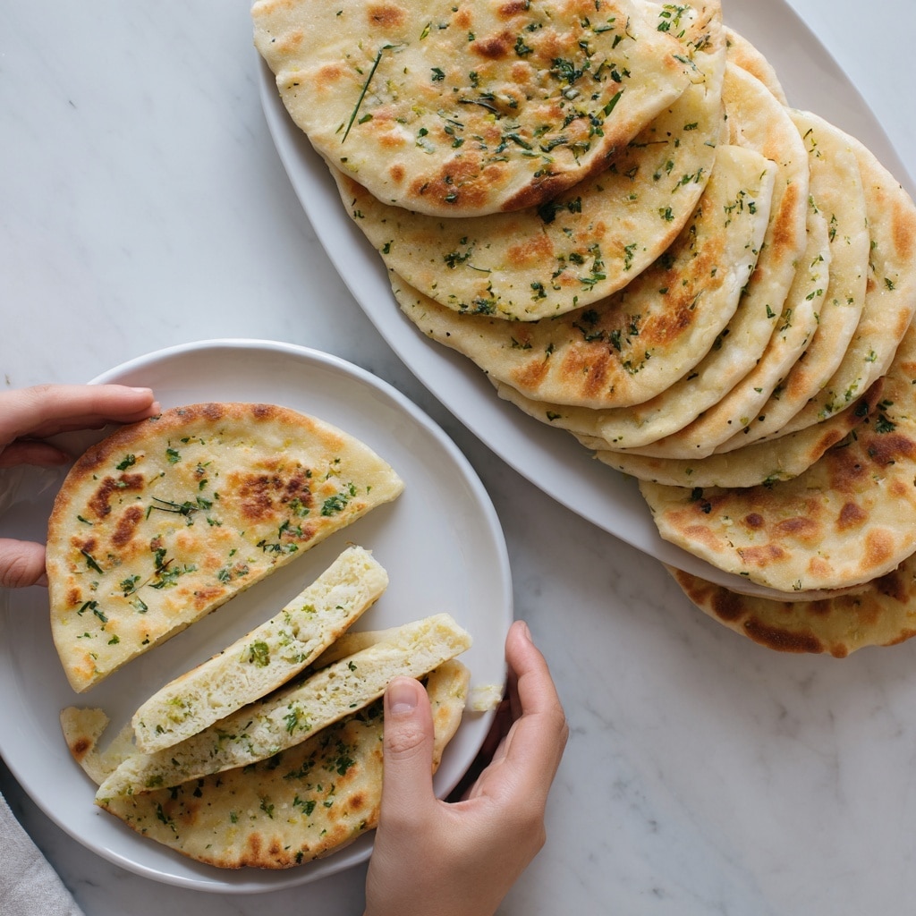 The image shows two sections of garlic flatbreads placed on white plates on a white marbled surface. The top section features a row of flatbreads slightly overlapping each other, each flatbread being light golden with green herb bits scattered on top and a soft, slightly crispy texture. A woman's hand is holding one flatbread from the row. The bottom section shows a pile of flatbreads stacked next to a flatbread that is cut into four pieces, revealing a soft and fluffy inside with green herbs visible throughout. Another woman's hand is gently lifting a few flatbreads from the stack. The background in both sections is a clean white marbled texture. photo taken with an iphone --ar 4:5 --v 7