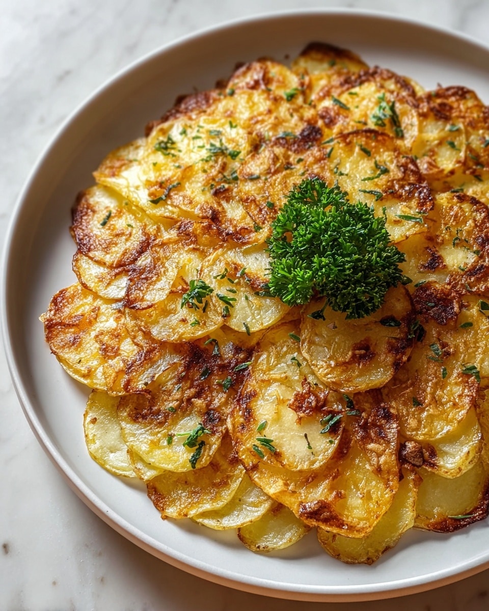 The dish is a golden-brown layered potato stack arranged in a circular pattern on a white plate, each thin potato slice slightly overlapping the next, creating about three to four visible layers. The top layer is crispy with browned edges and some charred spots, sprinkled with small green herbs evenly spread across, and topped in the center with a small bunch of fresh curly parsley. The texture looks crunchy on the outside while soft inside, all sitting on a wooden surface with a white marbled texture in the background. photo taken with an iphone --ar 4:5 --v 7