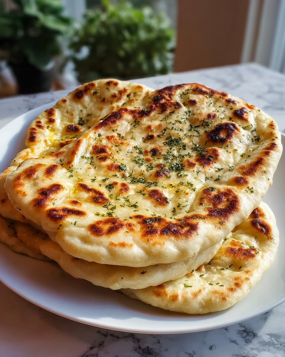A stack of four flatbreads with a fluffy, soft texture sits on a white plate. Each flatbread has a light golden-brown color with darker spots where it has been grilled or cooked, showing some crispy edges. The top flatbread is sprinkled with finely chopped green herbs, adding a touch of green contrast to the warm tones. The flatbreads are oval-shaped and slightly puffy, with an uneven surface showing air bubbles and light charring. The plate is placed on a table with a white marbled texture in the background. photo taken with an iphone --ar 4:5 --v 7
