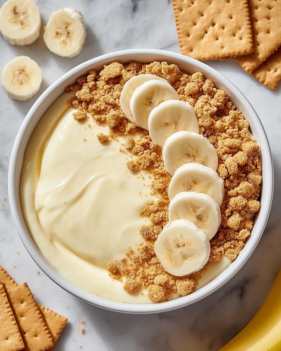 A white bowl filled almost to the top with a smooth, creamy light yellow pudding takes up most of the image. On top of the pudding, there is a band of crumbled, light brown cookie crumbs arranged along the right edge and upper half of the bowl. Inside the crumb border, on the right side, there is a row of seven even slices of banana, showing their pale yellow color with a hint of translucence and small dark seeds in the center. The pudding's surface is mostly smooth with a slight swirl texture on the left side, contrasting softly with the crumbly texture around it. The bowl is placed on a white marbled surface with scattered cookie crumbs nearby, a partially visible yellow banana in the top left, and some round biscuits on a white plate near the upper right corner. Photo taken with an iphone --ar 4:5 --v 7