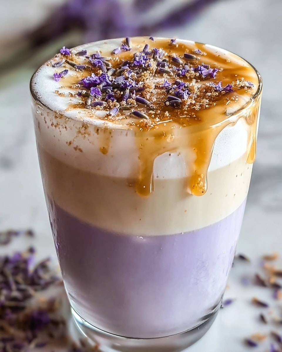 A close-up of a creamy lavender drink in a white cup with light brown specks on the surface. The drink has two layers: the bottom layer is a smooth pale purple, and the top layer is frothy white cream sprinkled with small purple and light brown dried flower petals. The cup sits on a white marbled surface with scattered dried flowers around it. photo taken with an iphone --ar 4:5 --v 7