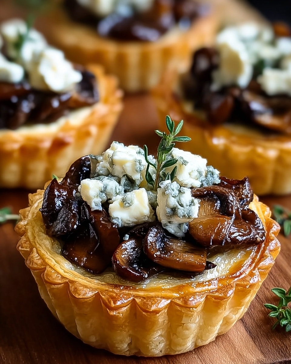 The image shows three small round tarts placed on a wooden board with a white marbled texture background. Each tart has a golden brown, flaky crust as the first layer. The second layer consists of cooked, dark brown mushrooms with a glossy, slightly oily texture, filling the tart completely. On top of the mushrooms in the center, there is a small dollop of soft white cheese, appearing creamy and slightly crumbly, crowned with a sprig of fresh green thyme. The tarts appear rich and earthy with a hint of freshness from the herb. Photo taken with an iphone --ar 4:5 --v 7