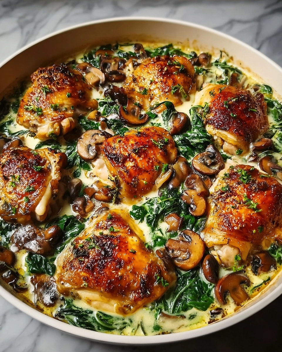 A skillet filled with six browned chicken thighs as the top layer, each piece showing a crispy, golden-brown skin with black pepper and herbs sprinkled on top. Beneath the chicken, there is a creamy white sauce mixed with wilted, bright green spinach leaves covering the pan's bottom. Sliced brown mushrooms are scattered evenly over the chicken and spinach, adding a rich, earthy tone. The dish is cooked in a dark pan resting on a white marbled surface. photo taken with an iphone --ar 4:5 --v 7