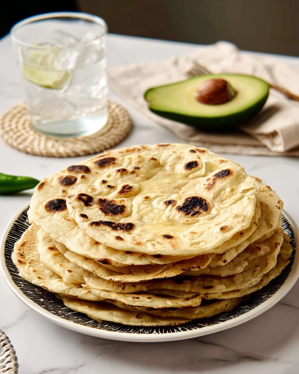 A tall stack of flatbreads with light golden-brown color and dark charred spots sits centered on a white plate with dark blue patterns, showing about ten layers mostly uniform in size with soft and slightly uneven edges. Behind the stack, there are two halves of an avocado with bright green flesh and one brown pit visible, placed on a clean white marbled surface. To the right, a clear glass filled with ice water rests on a round straw coaster. The overall scene is bright and clean, with soft shadows and a simple background. Photo taken with an iphone --ar 4:5 --v 7