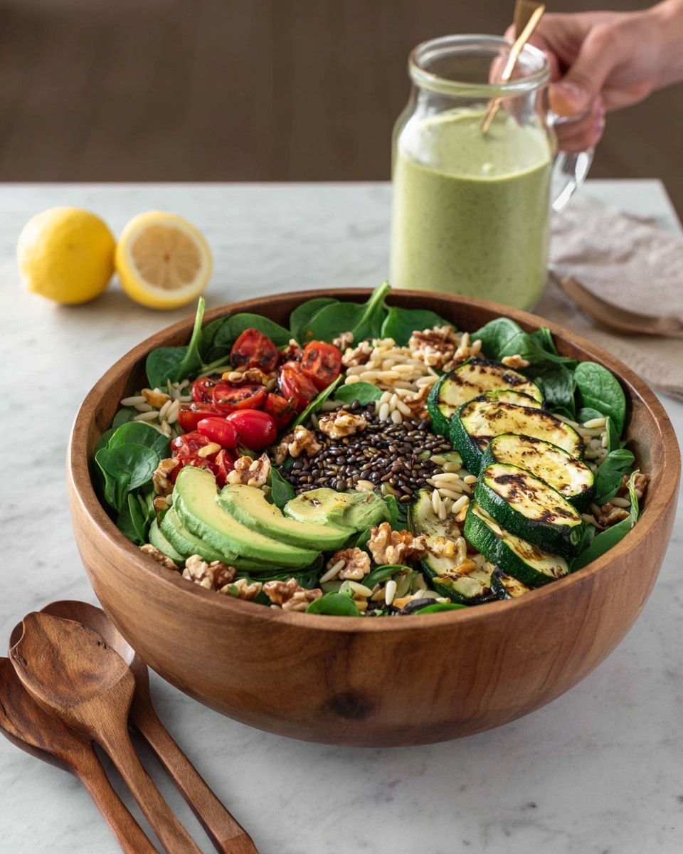 A large brown bowl filled with a fresh salad resting on a white marbled surface. The salad is made of a base layer of dark green spinach leaves. On top, there are layers of yellow-green avocado slices, small bright red cherry tomato halves, grilled zucchini pieces with brown grill marks, and scattered black lentils. Light brown walnut halves and a few sunflower seeds are sprinkled throughout. In the background, a woman's hand is holding a clear glass with a green smoothie, and there is a cut lemon half near the bowl. A silver spoon with a wooden handle lies on the surface near the bowl. photo taken with an iphone --ar 4:5 --v 7