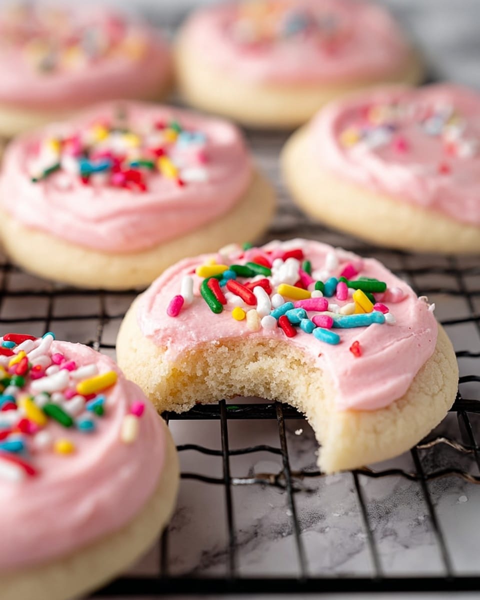 Two soft sugar cookies are stacked, each topped with a thick, smooth layer of pale pink frosting sprinkled with bright, colorful candy sprinkles. The top cookie has a bite taken out of it, showing the soft, fluffy, light yellow inside. In front, there is a white butter knife with a dollop of the same pink frosting, also dotted with sprinkles. The cookies rest on a white marbled surface with a black and white striped cloth blurred in the background. Photo taken with an iphone --ar 4:5 --v 7
