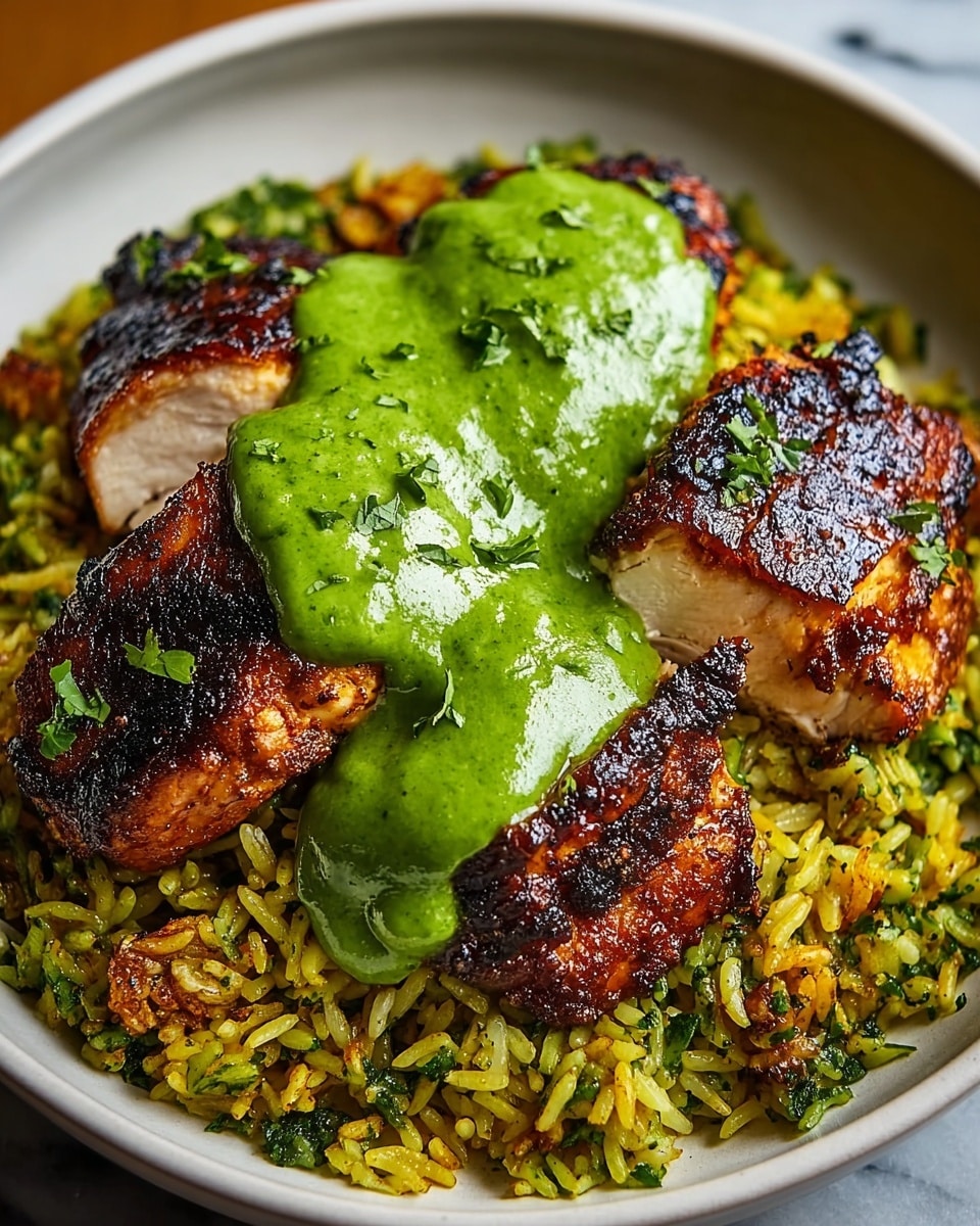 A white bowl holds a base layer of yellow rice mixed with green herbs, giving it a grainy and colorful texture. On top, three large pieces of grilled chicken with a dark, crispy, and charred exterior are arranged close together. A thick, bright green sauce with a slightly chunky texture covers part of the chicken, adding a fresh and creamy layer. Small green herb pieces are scattered over the dish. The bowl is set on a white marbled surface. photo taken with an iphone --ar 4:5 --v 7