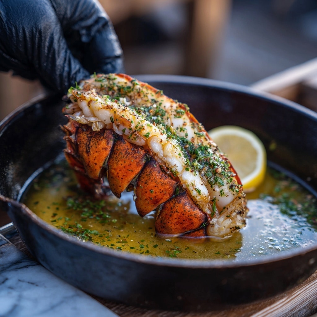 The image shows a close-up of a large piece of cooked lobster tail held by a black-gloved hand above a black pan filled with melted butter mixed with green herbs. The lobster has a textured surface with bright orange shell edges and creamy white meat that is seasoned with small green herbs and black pepper. The butter below glistens with herbs floating in it, and a quarter of a lemon sits at the edge of the pan. The setting is outdoors with a blurred background, and the scene is set on a wooden table with a white marbled texture. photo taken with an iphone --ar 4:5 --v 7