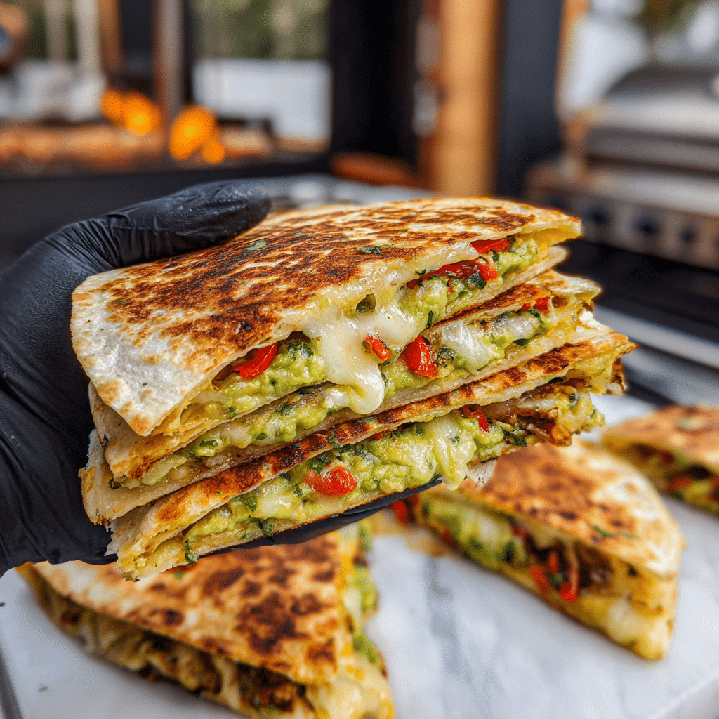 A close-up of a quesadilla held by a woman's hand wearing a black glove, showing three main layers; the bottom layer is a crunchy, golden brown tortilla with slight charring, the middle layer is melted cheese mixed with grilled red and green peppers along with browned meat, and the top layer is a thick, chunky green guacamole with visible pieces of avocado and cilantro. The background shows more quesadilla pieces piled on a white marbled surface. Photo taken with an iphone --ar 4:5 --v 7