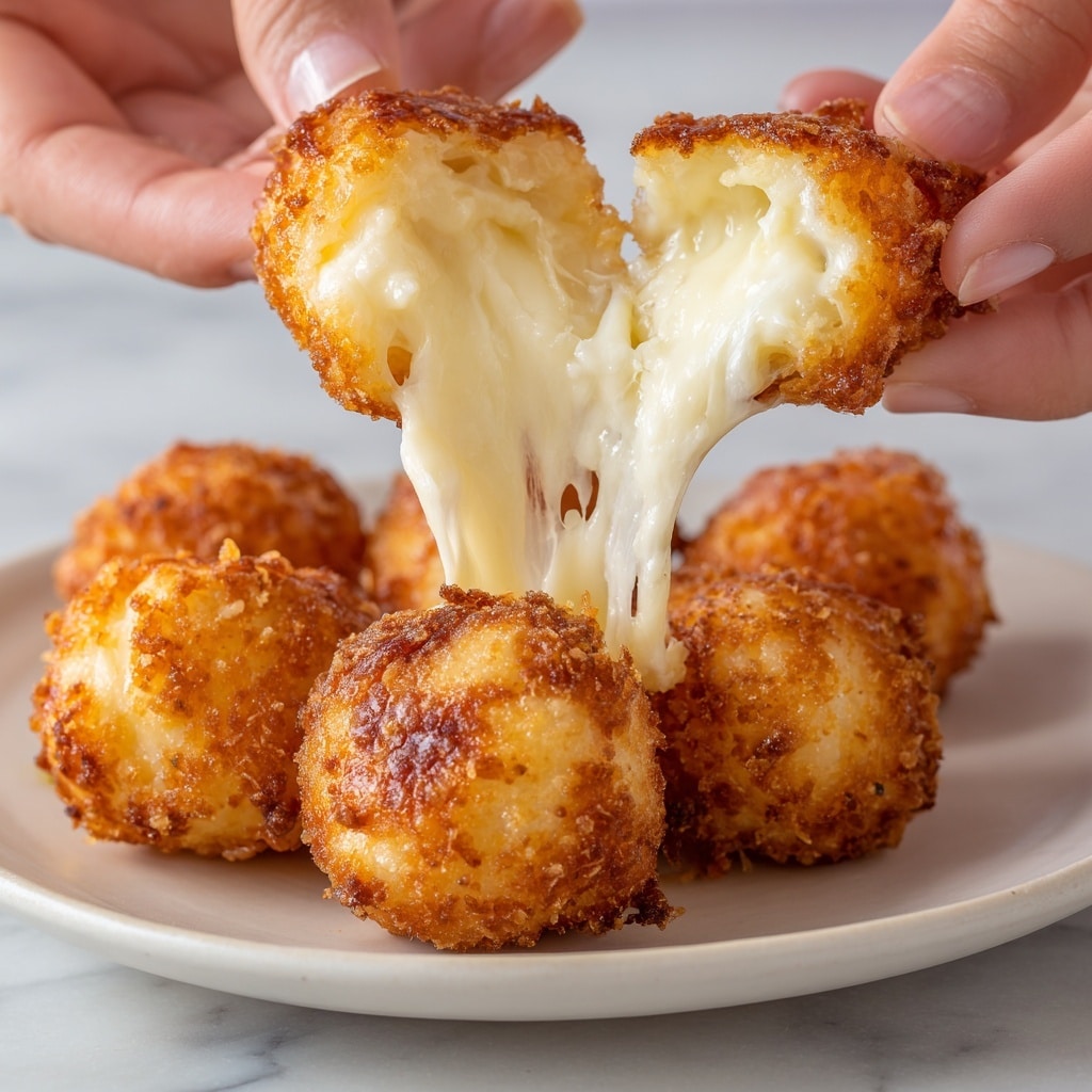 A close-up view of two pieces of golden-brown fried cheese bites being pulled apart by two woman's hands, revealing a thick, stretchy layer of melted white cheese inside. In the background, several round golden cheese bites sit on a white plate placed on a white marbled surface. The cheese bites have a crispy and slightly textured exterior with a shiny, oily sheen. The photo taken with an iphone --ar 4:5 --v 7