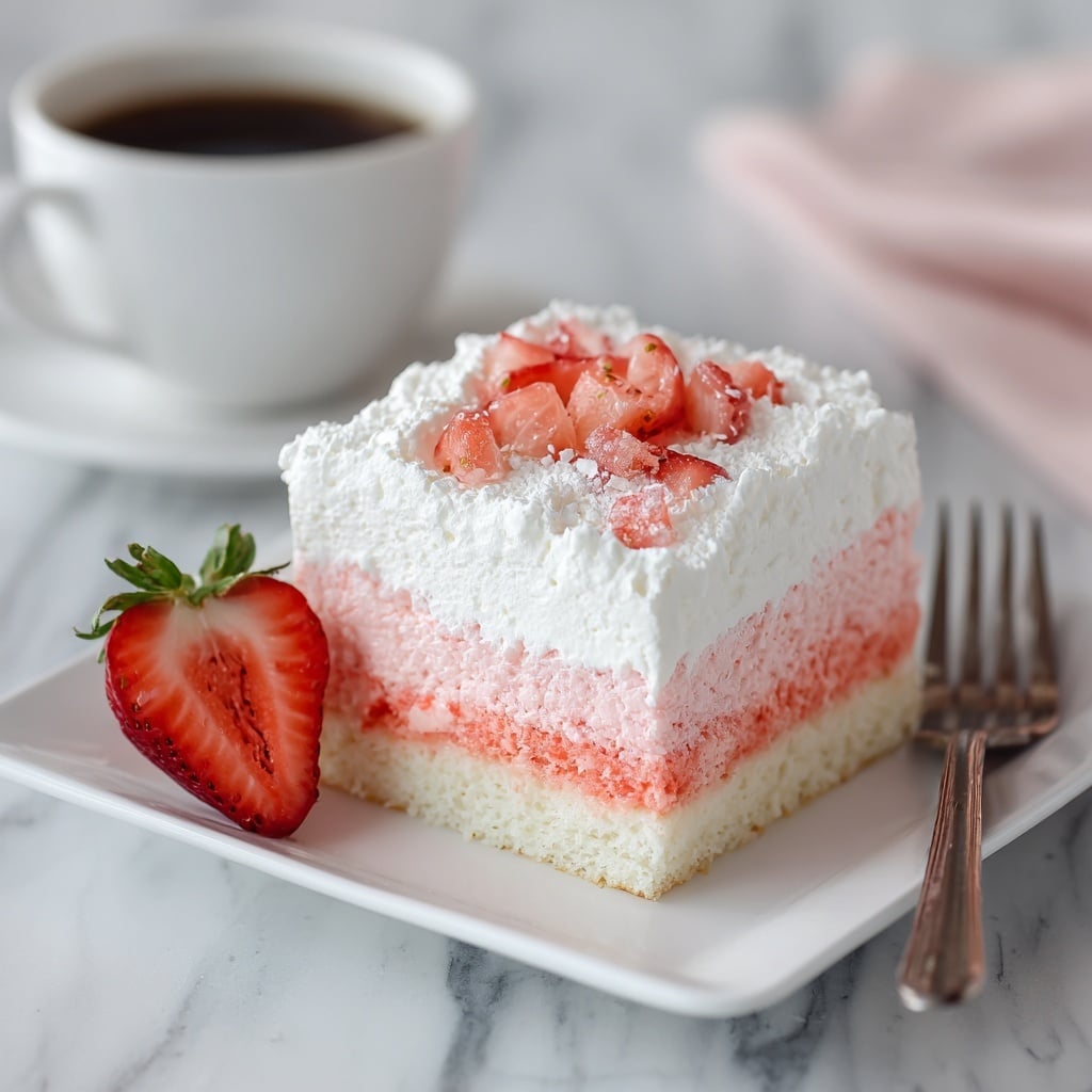 The image shows a square slice of layered strawberry dessert on a white plate placed on a white marbled surface. The dessert has four distinct layers: the bottom layer is pink and fluffy cake, above it is a light cream layer with a smooth texture, followed by a thick layer of white whipped topping, and the top is decorated with small pieces of bright red strawberries. Next to the plate is a halved fresh strawberry showing its red interior and green leafy top, and in the background, there is a white cup filled with coffee. The overall look is soft and fresh with a light, airy feel. Photo taken with an iphone --ar 4:5 --v 7
