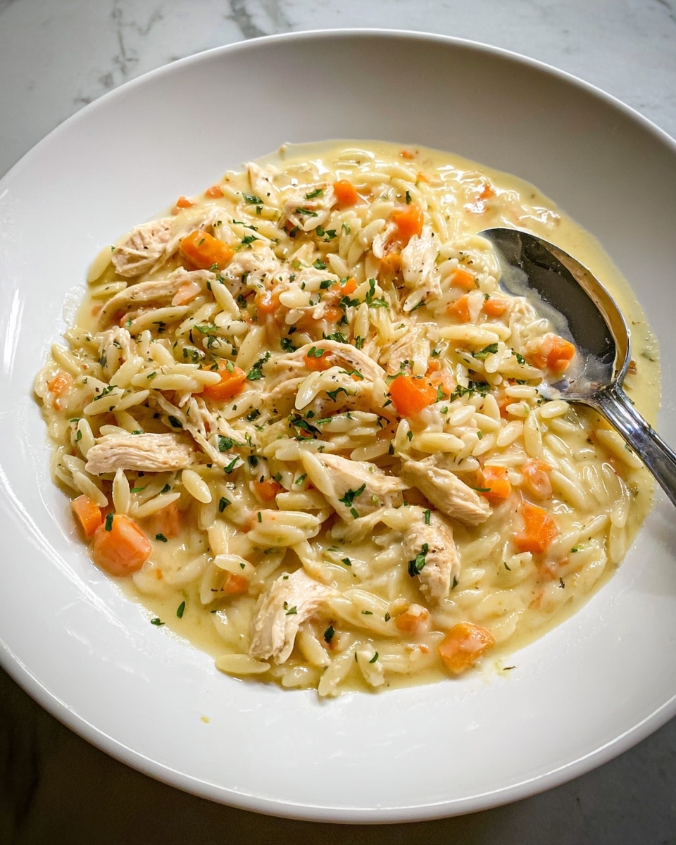 A white plate holds a creamy pasta dish with three main layers visible: the bottom layer is a smooth, light yellow sauce; the middle layer shows small pieces of shredded white chicken and bright orange carrot chunks mixed with tender, rice-shaped pasta pieces; the top layer is lightly sprinkled with green herbs adding a touch of color contrast. On the right side of the plate, a silver spoon is partially embedded in the pasta. The whole dish sits on a white marbled surface. photo taken with an iphone --ar 4:5 --v 7