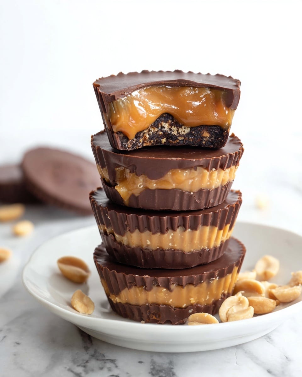 A stack of four round chocolate and peanut butter cups with dark brown chocolate outer layers and smooth, light brown peanut butter layers in the middle, some peanut butter oozing out slightly between the layers. The top cup is decorated with two whole peanuts, and there are several peanuts scattered around the base on a white marbled surface. The chocolate has a slightly shiny texture and ripple edges, with a soft focus background. photo taken with an iphone --ar 4:5 --v 7
