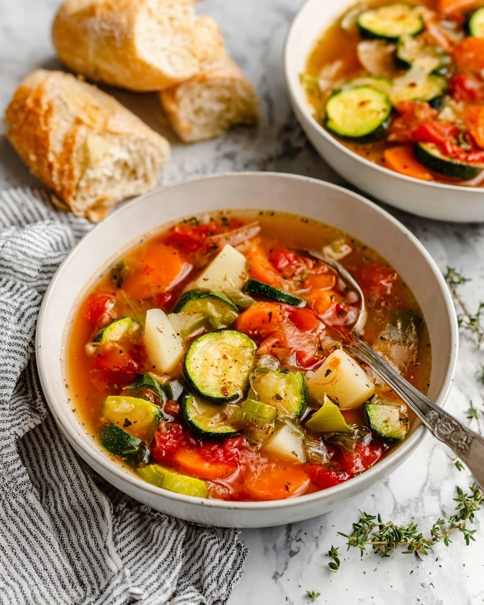 The image shows two white bowls of vegetable soup on a white marbled surface with a gray and white striped cloth nearby. Each bowl contains clear broth filled with colorful vegetables like green zucchini slices, red tomatoes, orange carrots, and white chunks of potatoes, creating a vibrant mix of colors. The soup looks fresh and hearty, with a spoon resting inside the bowl closest to the front, lifting some zucchini and carrots. In the background, there are two pieces of crusty bread with a golden-brown crust placed near the bowls. Small green sprigs of herbs lie beside the bowl in the foreground, adding a fresh touch to the scene. photo taken with an iphone --ar 4:5 --v 7