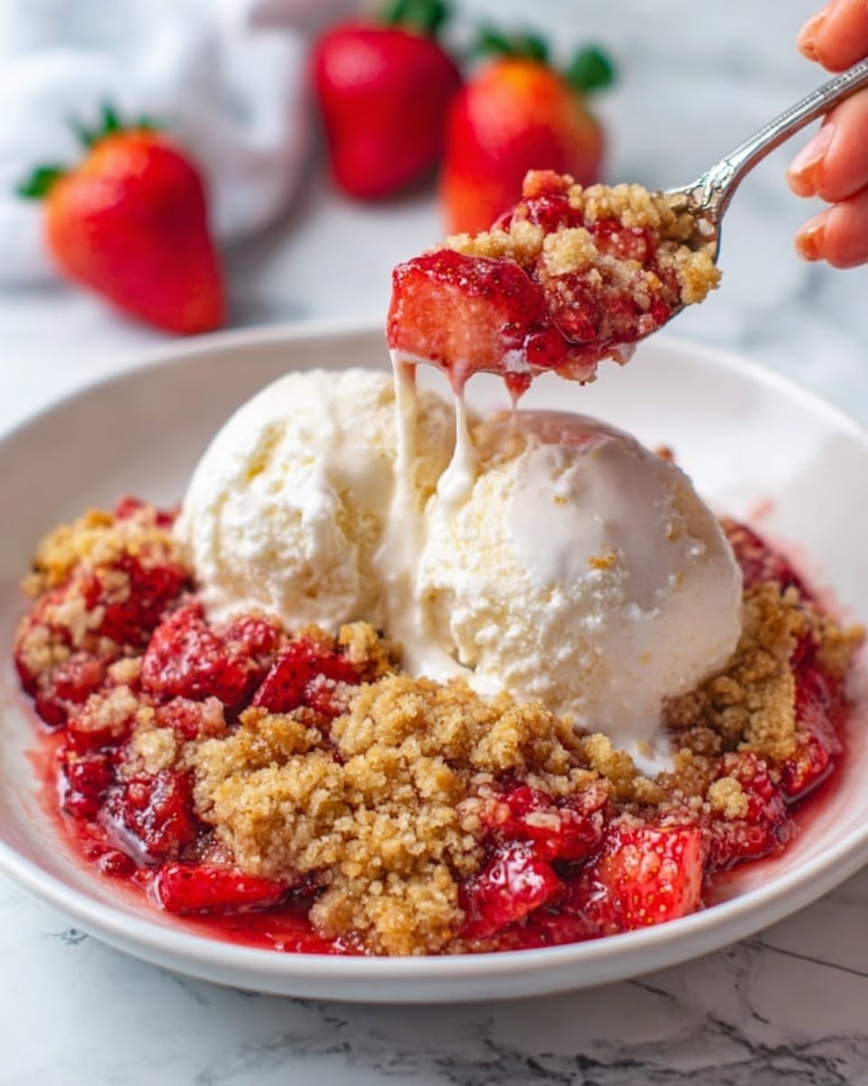 A white bowl filled with a layered dessert starting with a bright red, chunky strawberry mixture at the bottom, topped with a golden crumbly streusel layer, and finished with a single, round scoop of white vanilla ice cream in the center. Two halved, fresh strawberries are placed beside the ice cream on top of the crumbs, adding a fresh touch. The bowl is set on a white marbled surface, with some scattered strawberries nearby. The image has a warm, inviting look, showing the texture of the ice cream, crisp crumbs, and juicy strawberries clearly. Photo taken with an iphone --ar 4:5 --v 7