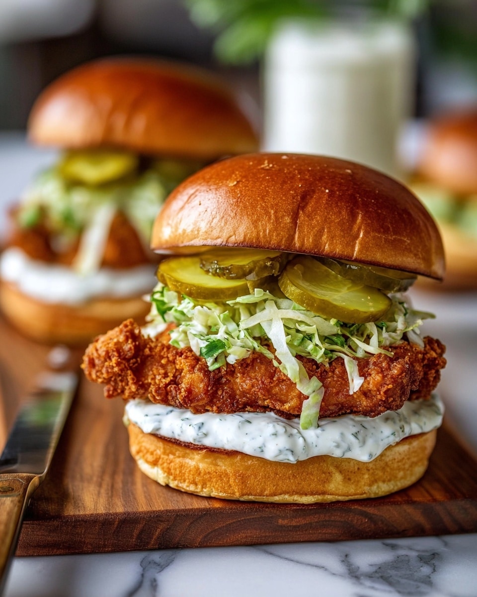 A close-up image of a fried chicken sandwich with four distinct layers on a white bun, placed on a wooden board over a white marbled surface. The bottom bun is soft and slightly toasted, topped with a thick layer of white, creamy sauce speckled with green herbs. On top of the sauce lies a crispy, golden-brown fried chicken fillet with a crunchy texture. Above the chicken, there is a layer of finely shredded green cabbage mixed with fresh herbs. The sandwich is finished with several slices of bright green pickles and a shiny, smooth toasted white bun top. Photo taken with an iphone --ar 4:5 --v 7