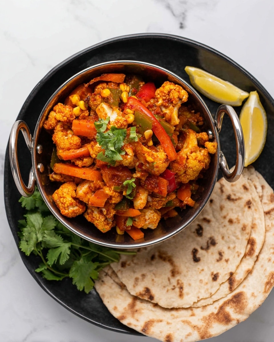 A black bowl filled with a colorful mix of cooked vegetables including cauliflower florets, long orange carrot strips, red and green bell pepper strips, yellow corn kernels, and onion slices, all coated in a rich red-orange sauce with visible specks of spices. The bowl has two metal handles and sits on a black plate contrasted by fresh green coriander leaves and two lemon wedges on the upper right side. Next to the bowl on the plate are folded pieces of light beige flatbread with brown spots from cooking, all set on a white marbled surface. photo taken with an iphone --ar 4:5 --v 7