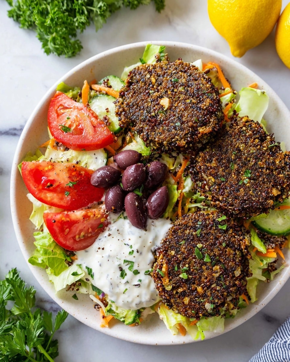 A close-up view of a white bowl with a round, crispy quinoa patty held by a wooden spatula above the bowl. The patty has a golden brown color with black quinoa seeds and small green herb pieces scattered throughout, giving it a textured look. Beneath the patty, there are thick slices of red tomato resting on a bed of green lettuce leaves and orange carrot shreds. To the side, there is a creamy white sauce speckled with green herbs, adding a fresh contrast to the dish. The bowl is set against a white marbled surface. photo taken with an iphone --ar 4:5 --v 7
